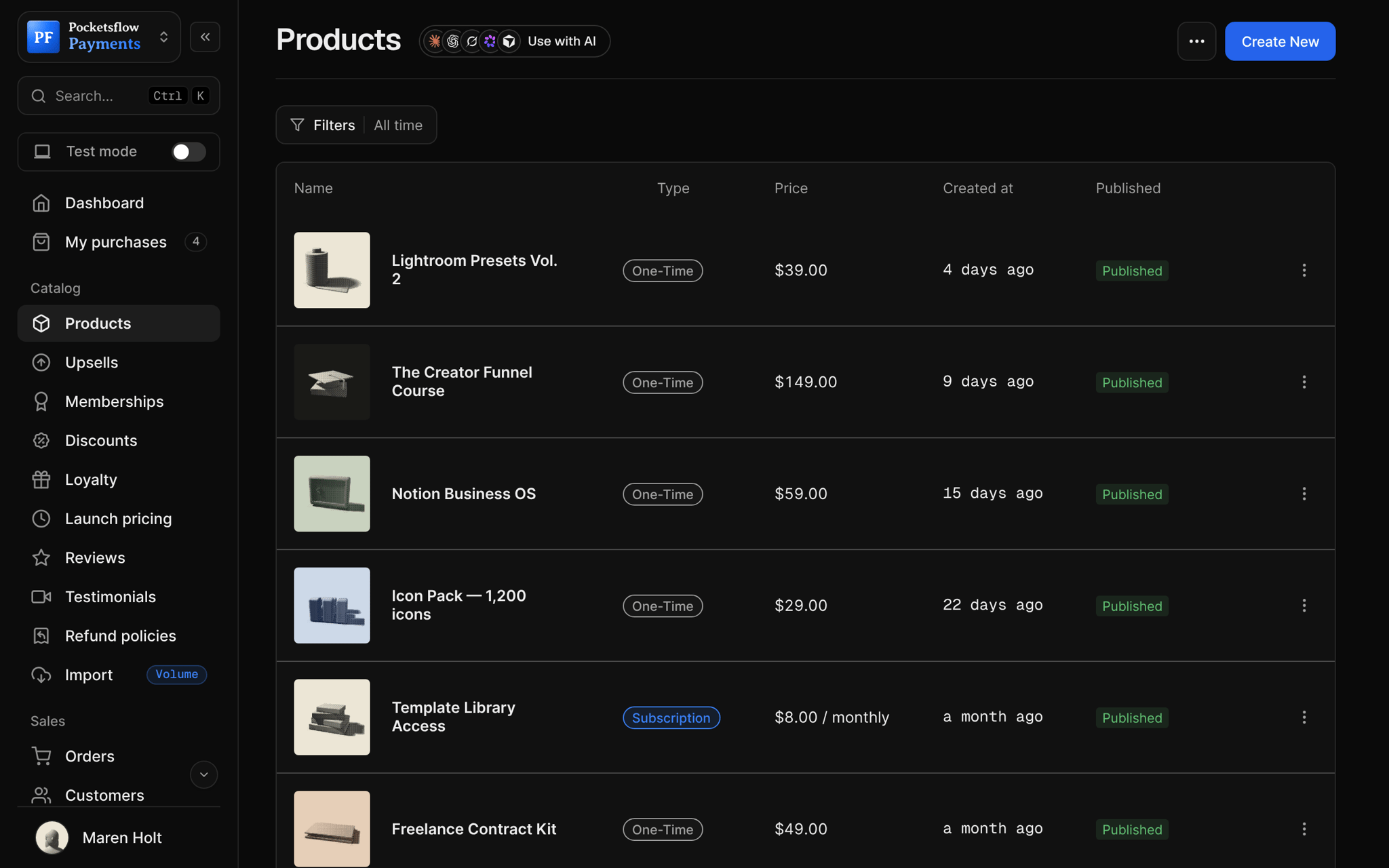 Products list with thumbnails, type, price, created date and published status: Lightroom Presets Vol. 2 $39, The Creator Funnel Course $149, Notion Business OS $59, Icon Pack $29, Template Library Access $8 a month and more