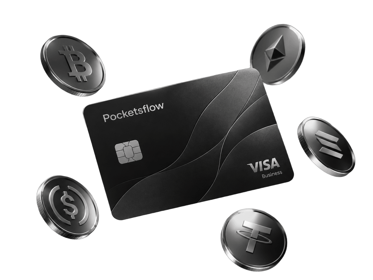 A black Pocketsflow Visa Business card surrounded by Bitcoin, Ethereum, Solana, USDC, and USDT coins.