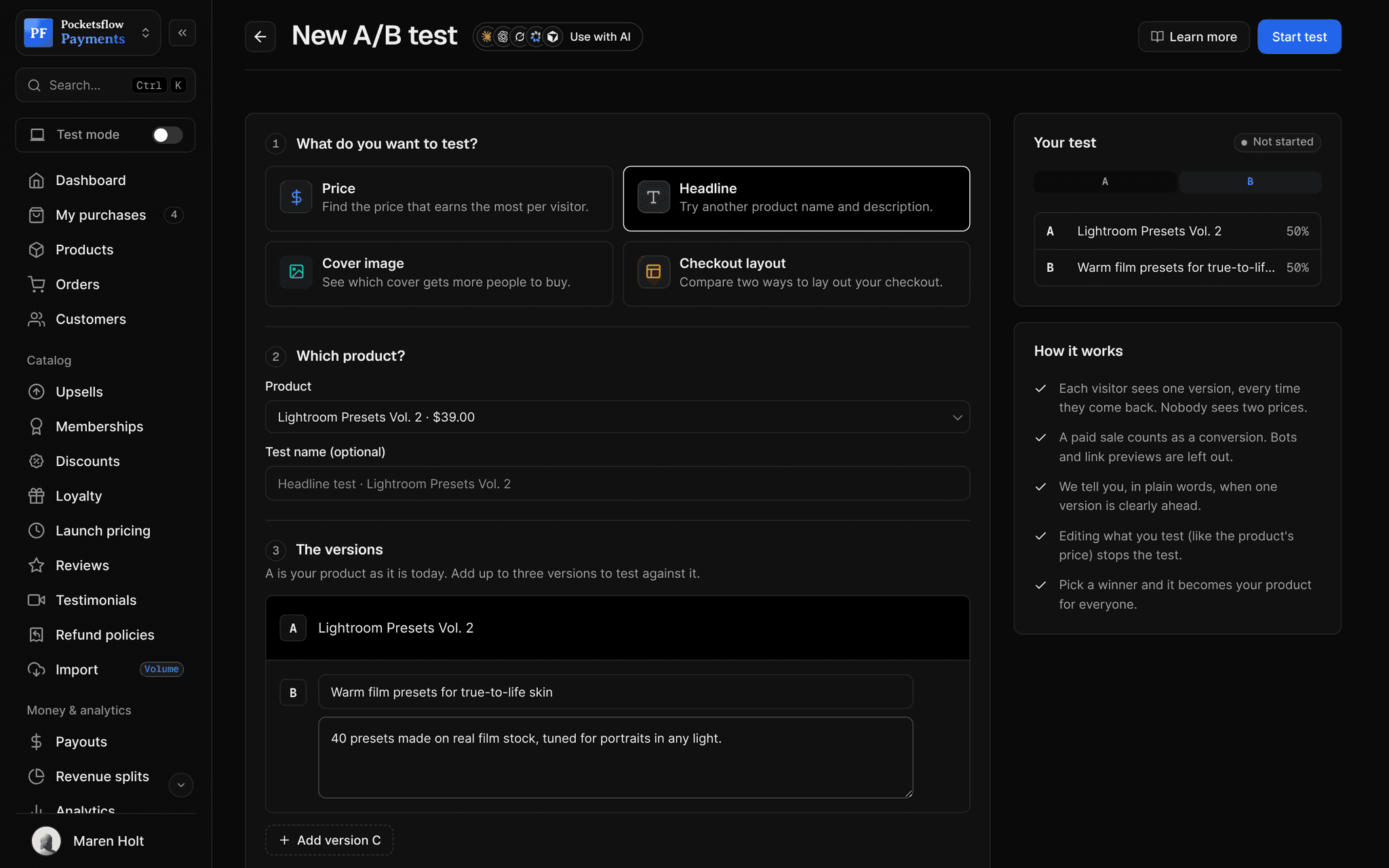 New A/B test form with Headline selected on Lightroom Presets Vol. 2: version A keeps the current name and version B reads Warm film presets for true-to-life skin, with its own description, split 50/50