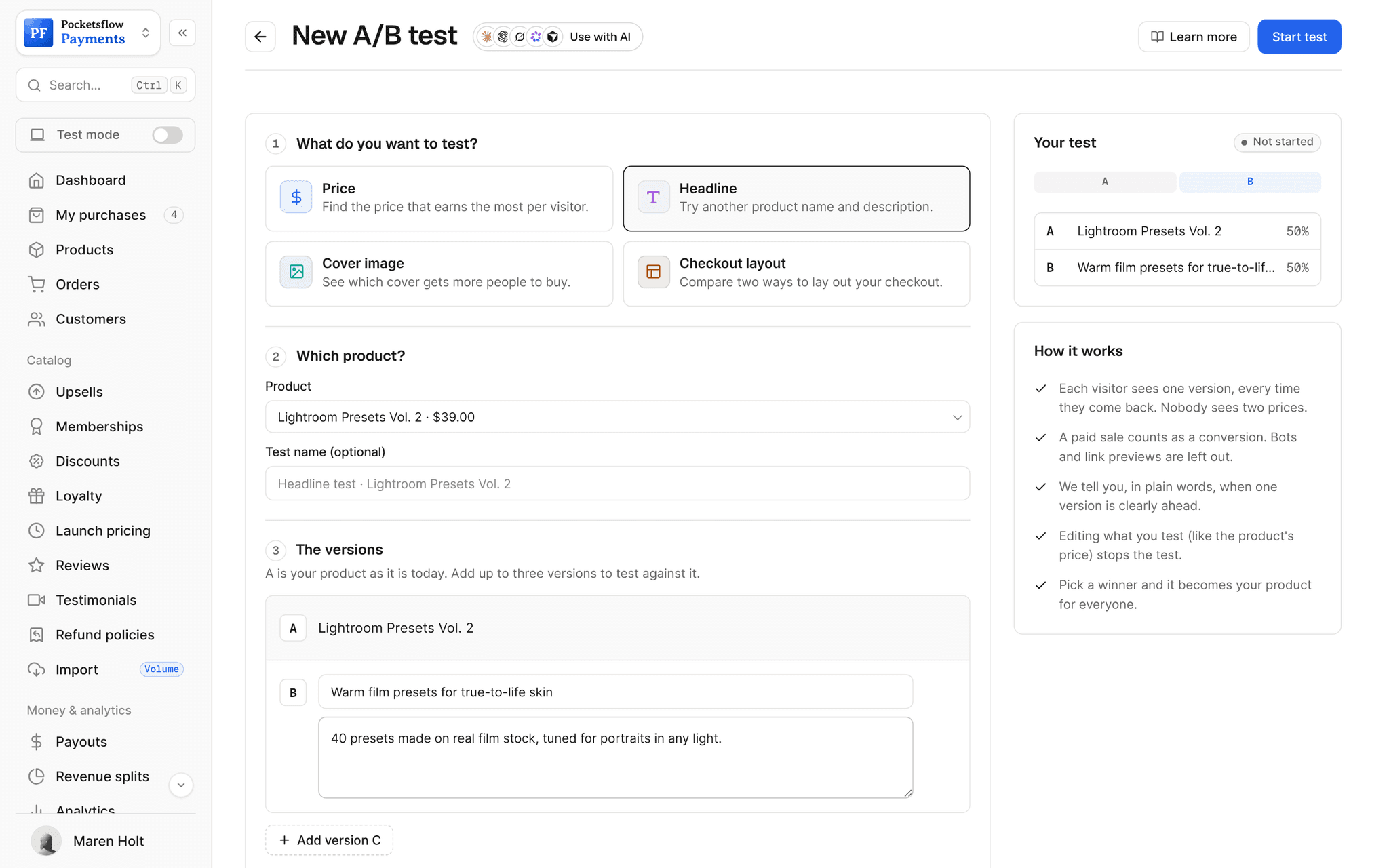 New A/B test form with Headline selected on Lightroom Presets Vol. 2: version A keeps the current name and version B reads Warm film presets for true-to-life skin, with its own description, split 50/50