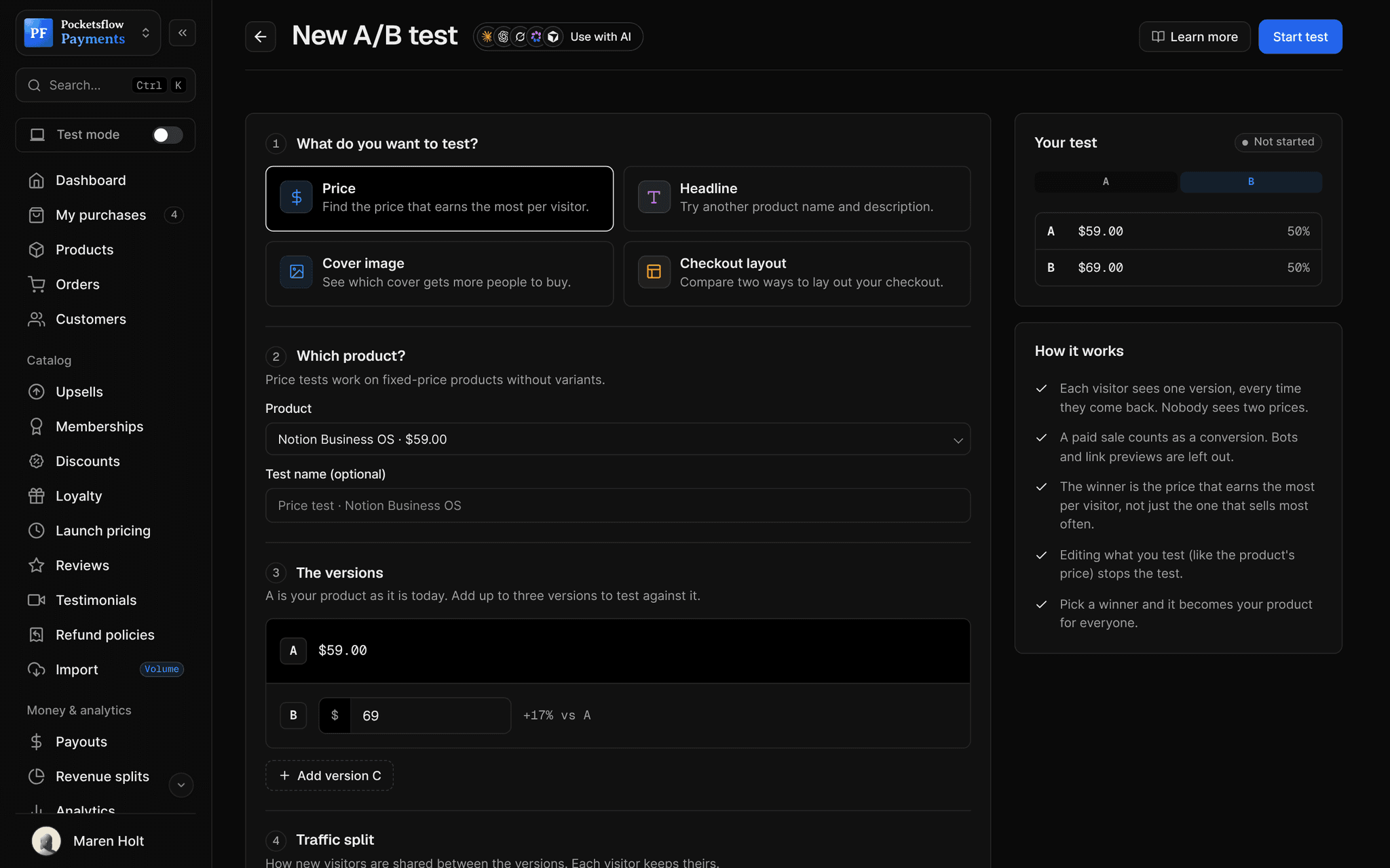New A/B test form with Price selected among Price, Headline, Cover image and Checkout layout, the product Notion Business OS at $59.00, version A $59.00 and version B $69 (+17% vs A), a 50/50 split in the Your test summary, and How it works notes