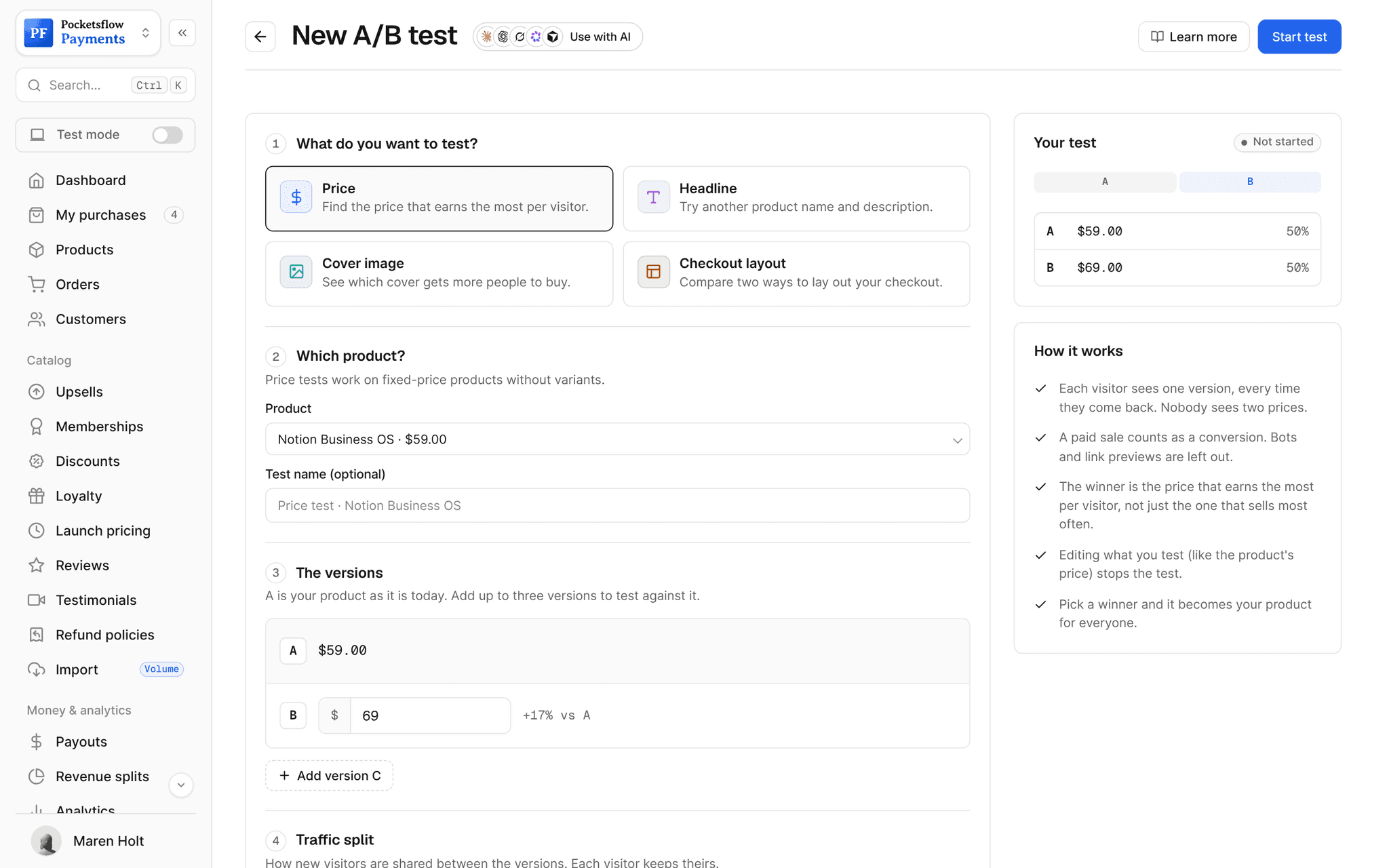 New A/B test form with Price selected among Price, Headline, Cover image and Checkout layout, the product Notion Business OS at $59.00, version A $59.00 and version B $69 (+17% vs A), a 50/50 split in the Your test summary, and How it works notes