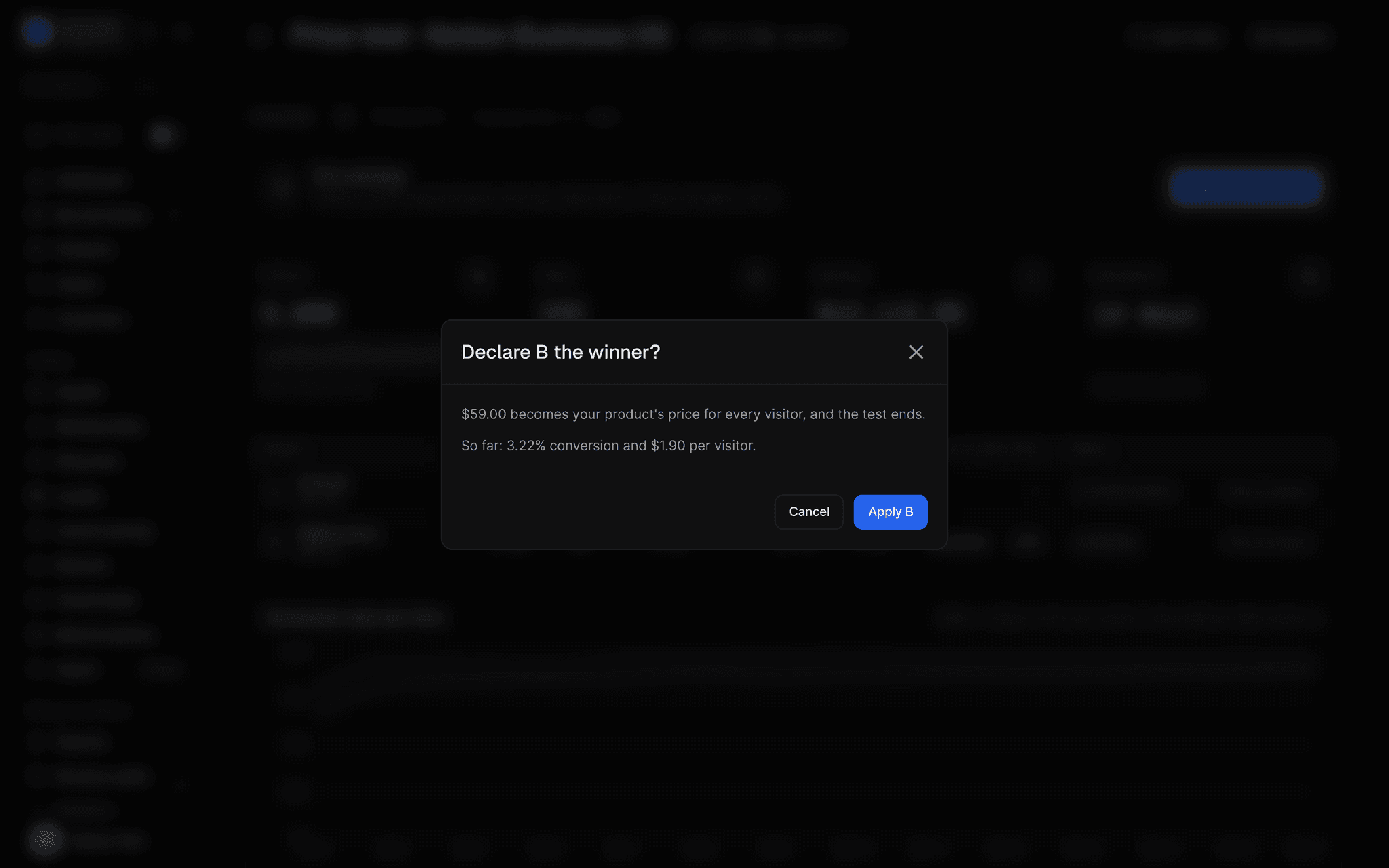 Declare B the winner? dialog: $59.00 becomes your product's price for every visitor, and the test ends. So far: 3.22% conversion and $1.90 per visitor, with Cancel and Apply B buttons