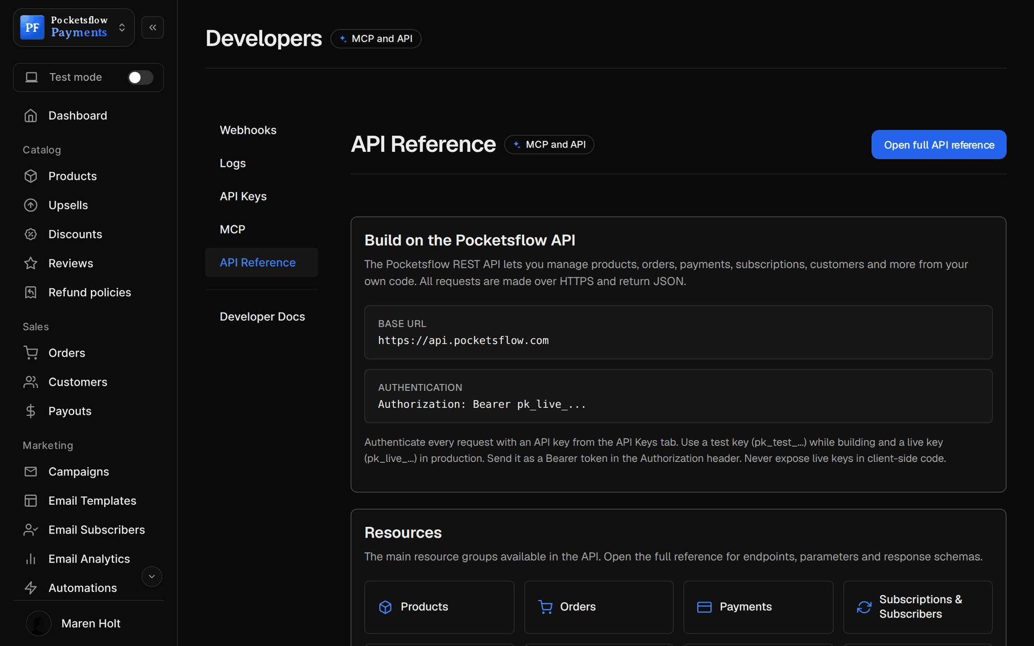 Developers, API Reference: base URL api.pocketsflow.com, bearer authentication with live and test keys, and resource groups for products, orders, payments, and subscriptions and subscribers