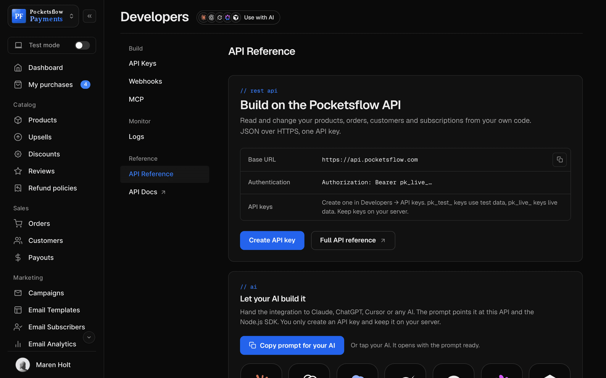 Developers, API Reference: base URL api.pocketsflow.com, bearer authentication with live and test keys, and resource groups for products, orders, payments, and subscriptions and subscribers