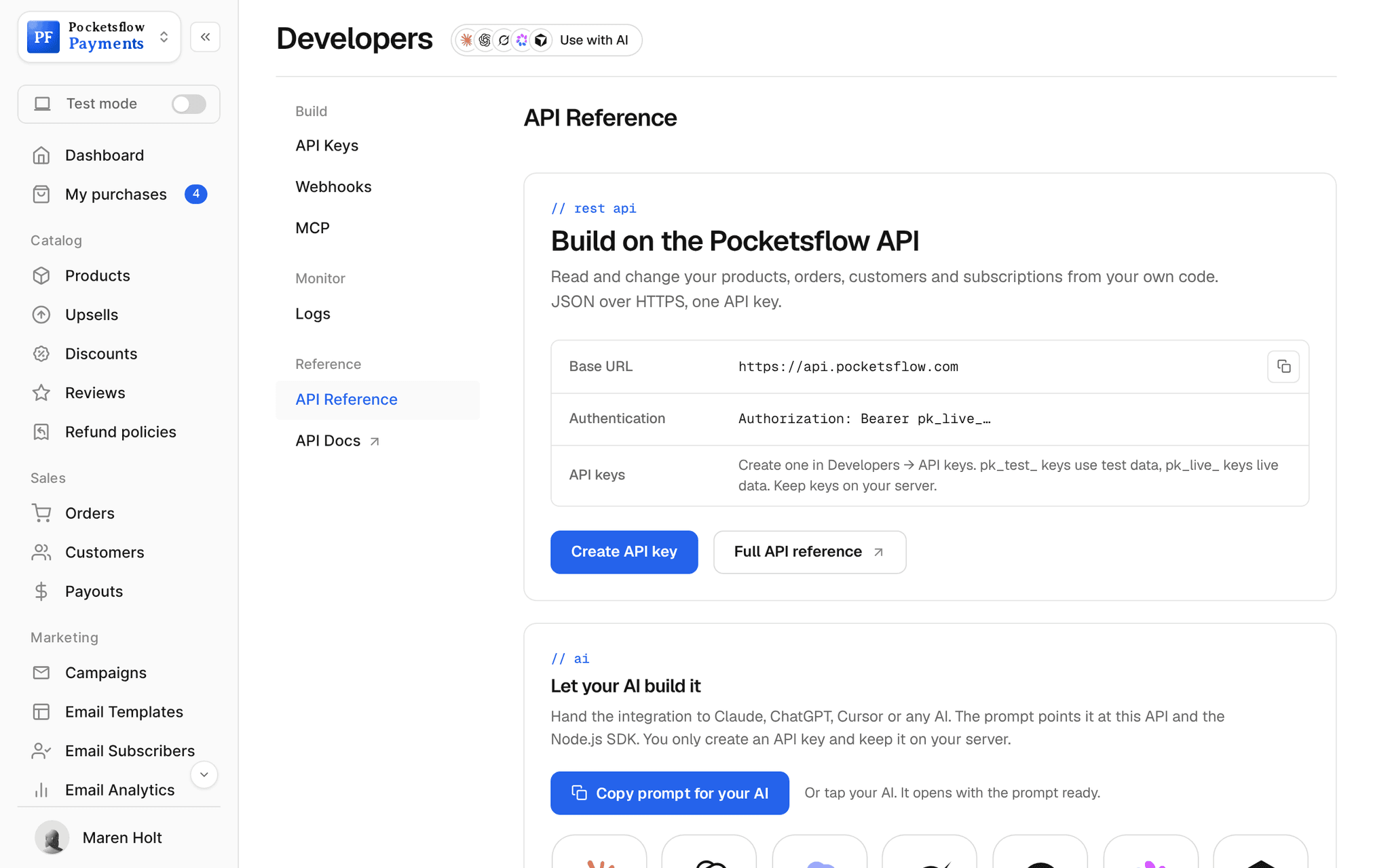 Developers, API Reference: base URL api.pocketsflow.com, bearer authentication with live and test keys, and resource groups for products, orders, payments, and subscriptions and subscribers