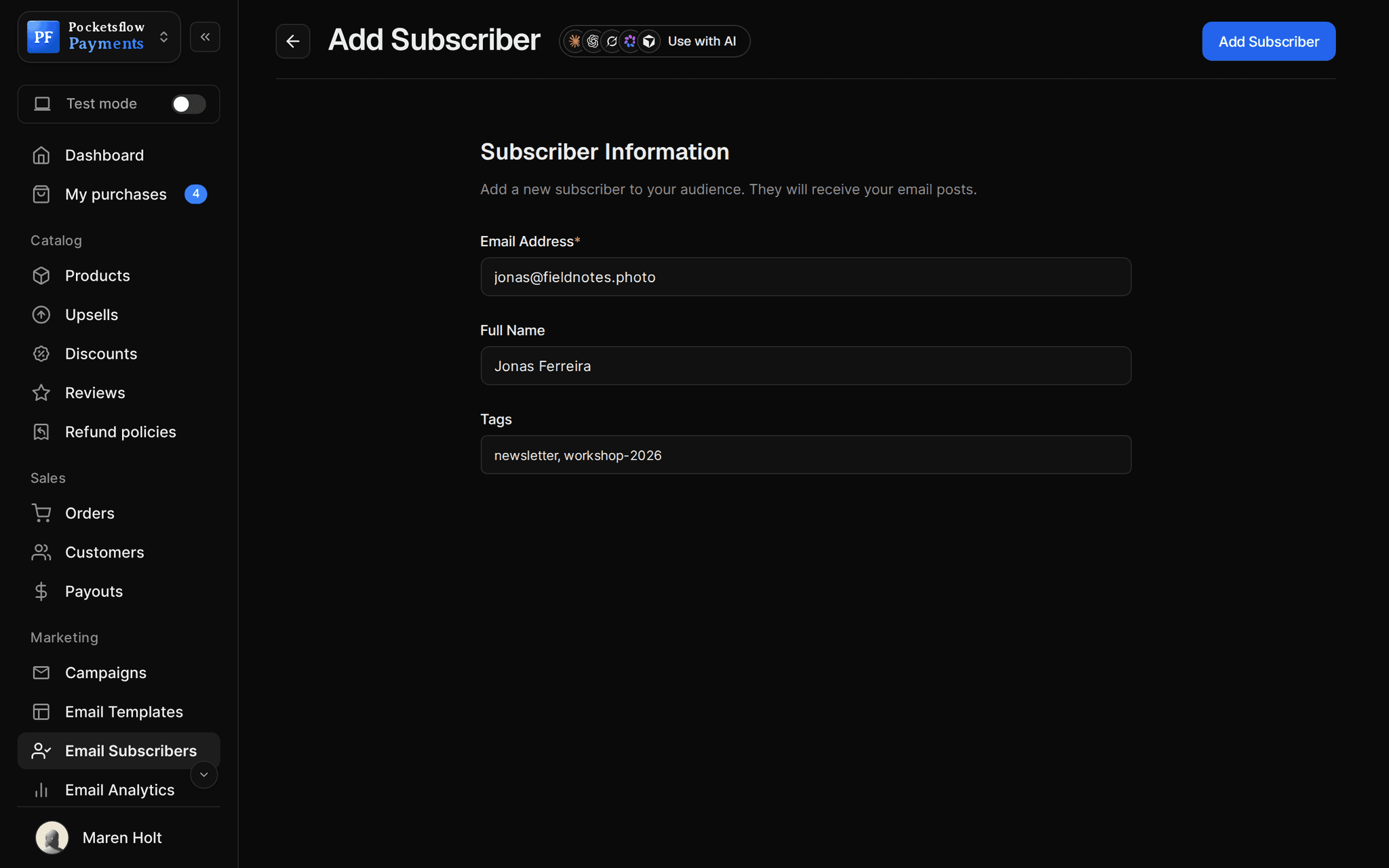 Add subscriber form with email jonas@fieldnotes.photo, full name Jonas Ferreira and tags newsletter, workshop-2026