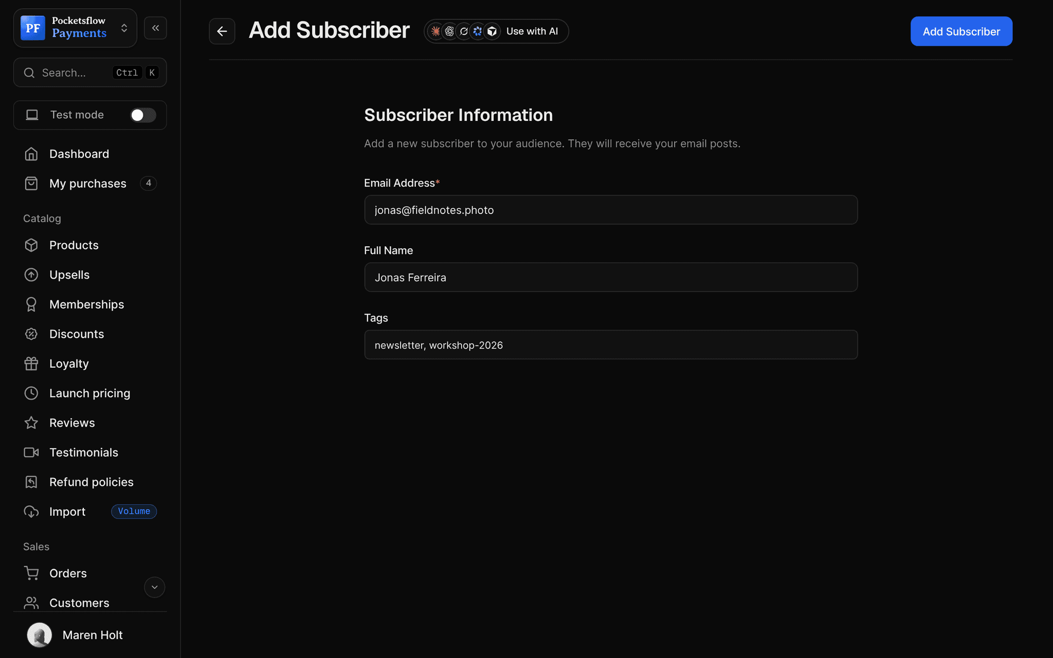 Add subscriber form with email jonas@fieldnotes.photo, full name Jonas Ferreira and tags newsletter, workshop-2026