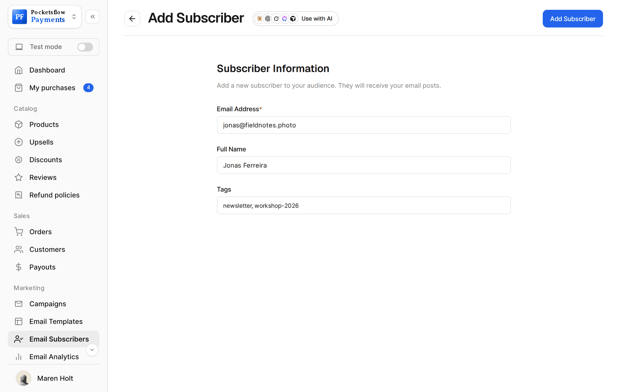 Add subscriber form with email jonas@fieldnotes.photo, full name Jonas Ferreira and tags newsletter, workshop-2026