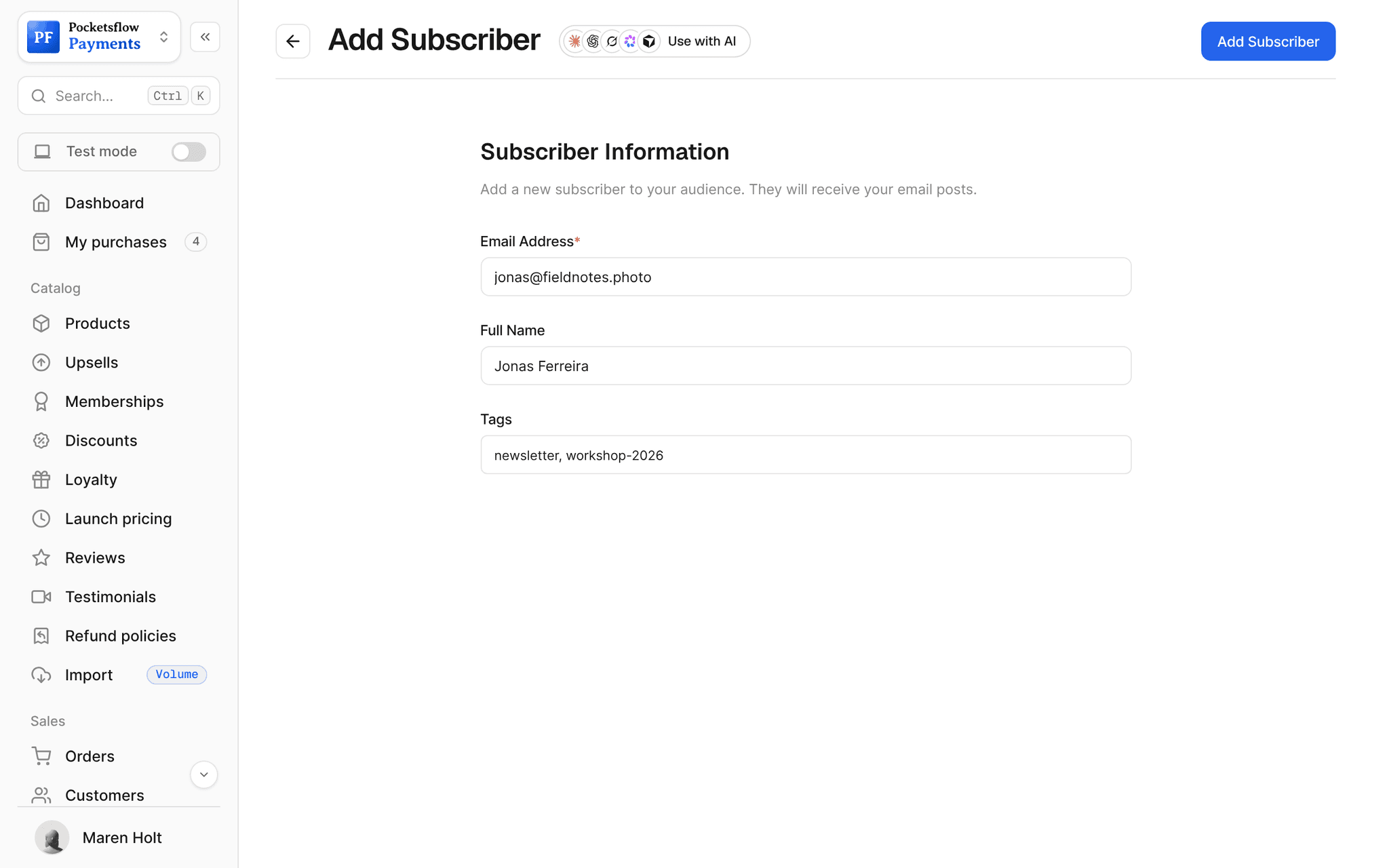 Add subscriber form with email jonas@fieldnotes.photo, full name Jonas Ferreira and tags newsletter, workshop-2026