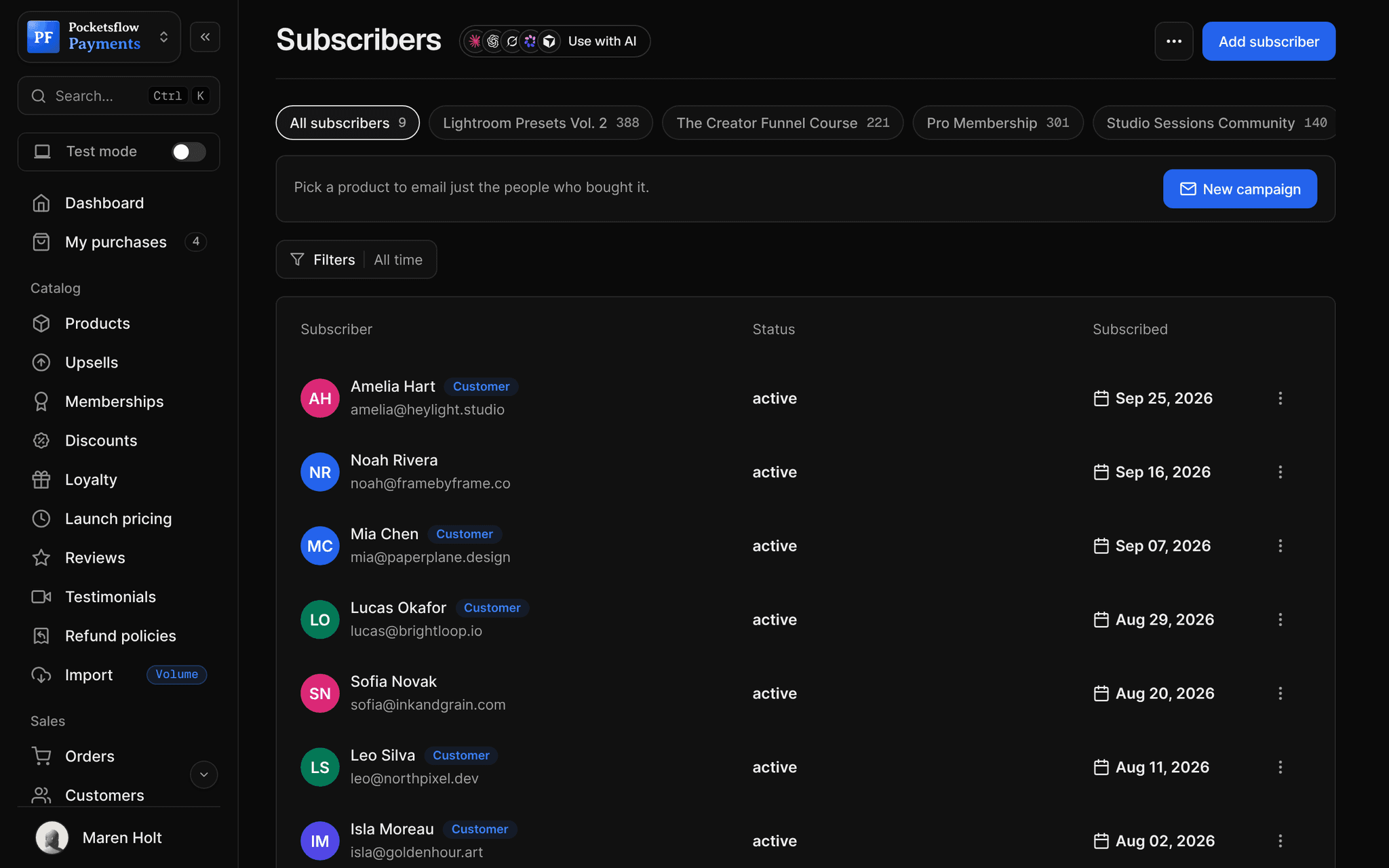Email subscribers list with segment chips for Lightroom Presets Vol. 2 (388), The Creator Funnel Course (221), Pro Membership (301) and Studio Sessions Community (140), and subscribers with Customer badges, status and subscribe date