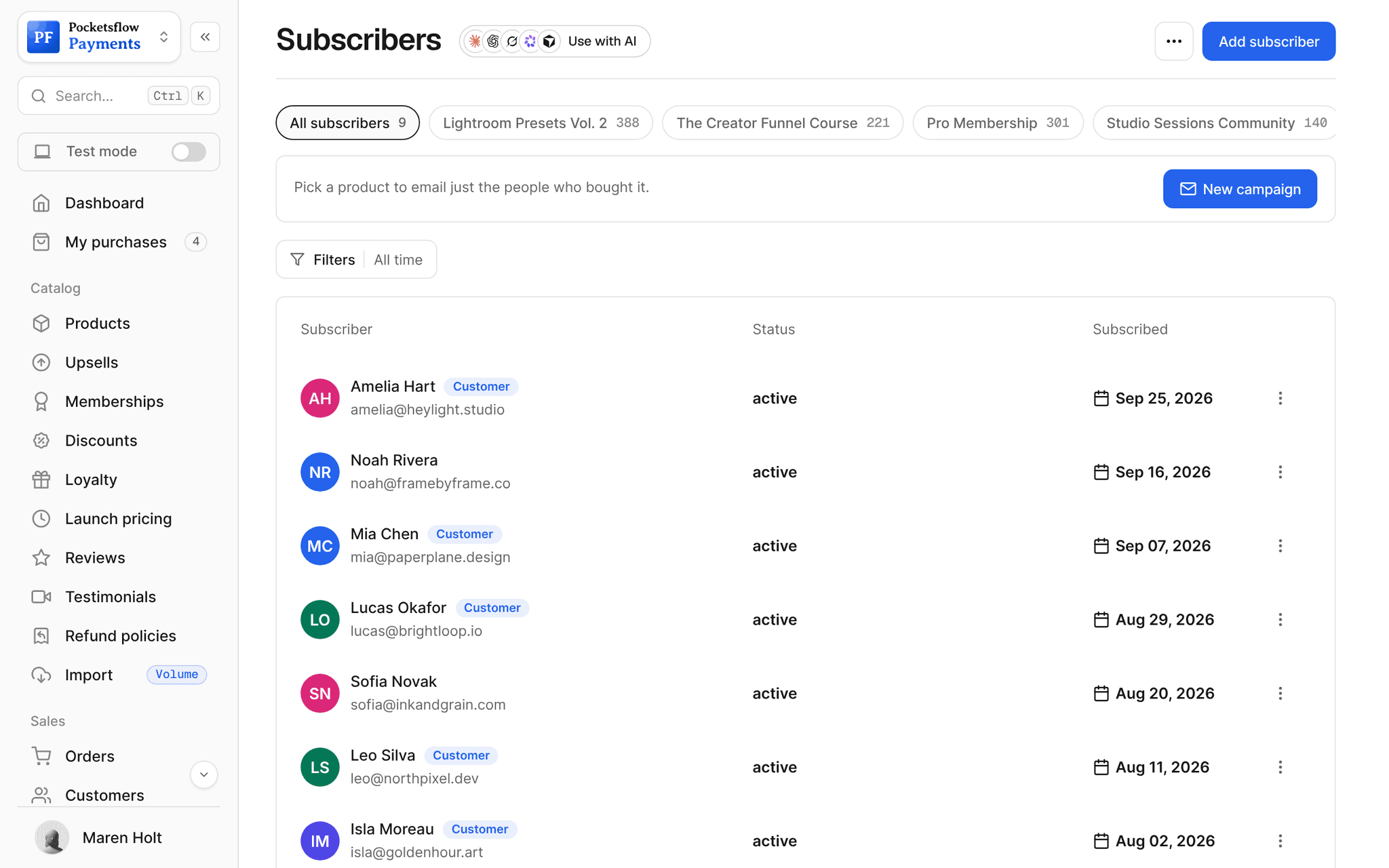 Email subscribers list with segment chips for Lightroom Presets Vol. 2 (388), The Creator Funnel Course (221), Pro Membership (301) and Studio Sessions Community (140), and subscribers with Customer badges, status and subscribe date