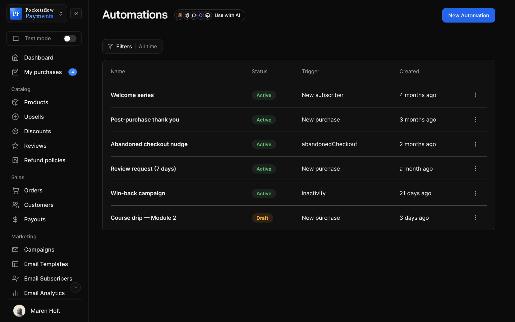 Automations list: Welcome series, Post-purchase thank you, Abandoned checkout nudge, Review request (7 days), Win-back campaign (active) and Course drip Module 2 (draft) with their triggers