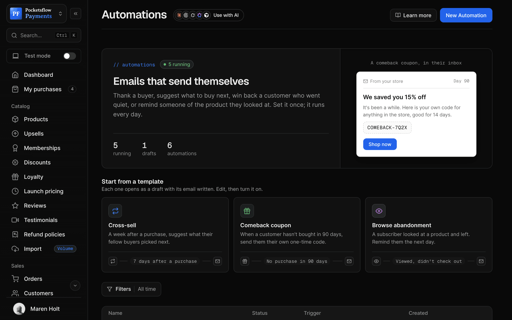 Automations list: Welcome series, Post-purchase thank you, Abandoned checkout nudge, Review request (7 days), Win-back campaign (active) and Course drip Module 2 (draft) with their triggers