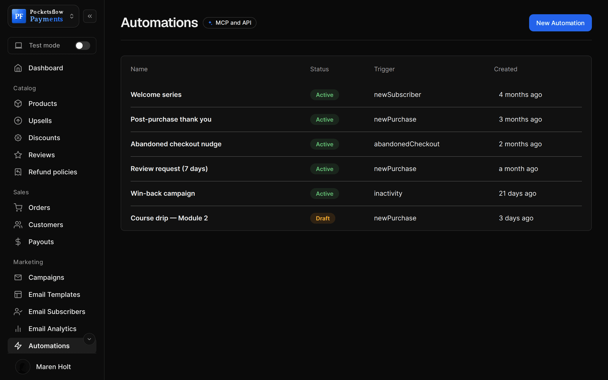 Automations list: Welcome series, Post-purchase thank you, Abandoned checkout nudge, Review request (7 days), Win-back campaign (active) and Course drip Module 2 (draft) with their triggers