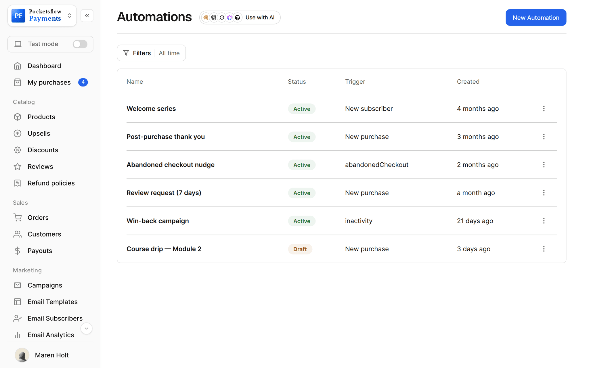 Automations list: Welcome series, Post-purchase thank you, Abandoned checkout nudge, Review request (7 days), Win-back campaign (active) and Course drip Module 2 (draft) with their triggers