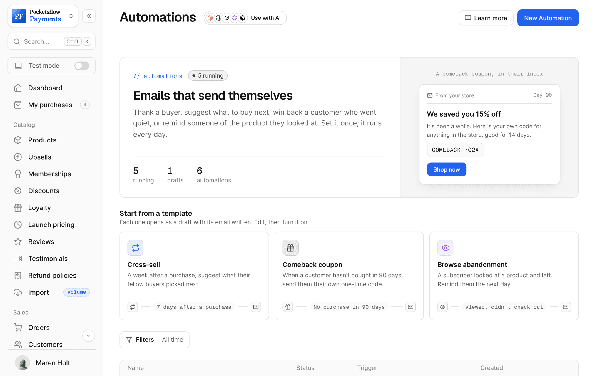 Automations list: Welcome series, Post-purchase thank you, Abandoned checkout nudge, Review request (7 days), Win-back campaign (active) and Course drip Module 2 (draft) with their triggers