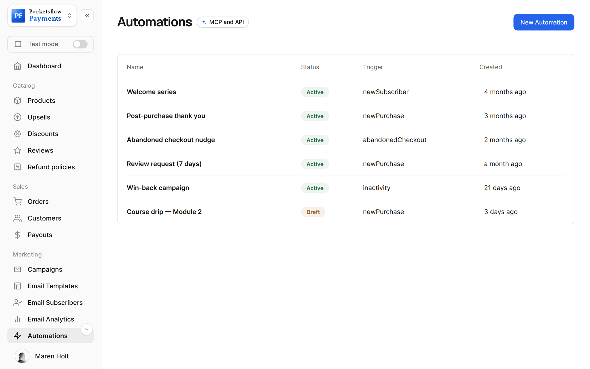 Automations list: Welcome series, Post-purchase thank you, Abandoned checkout nudge, Review request (7 days), Win-back campaign (active) and Course drip Module 2 (draft) with their triggers