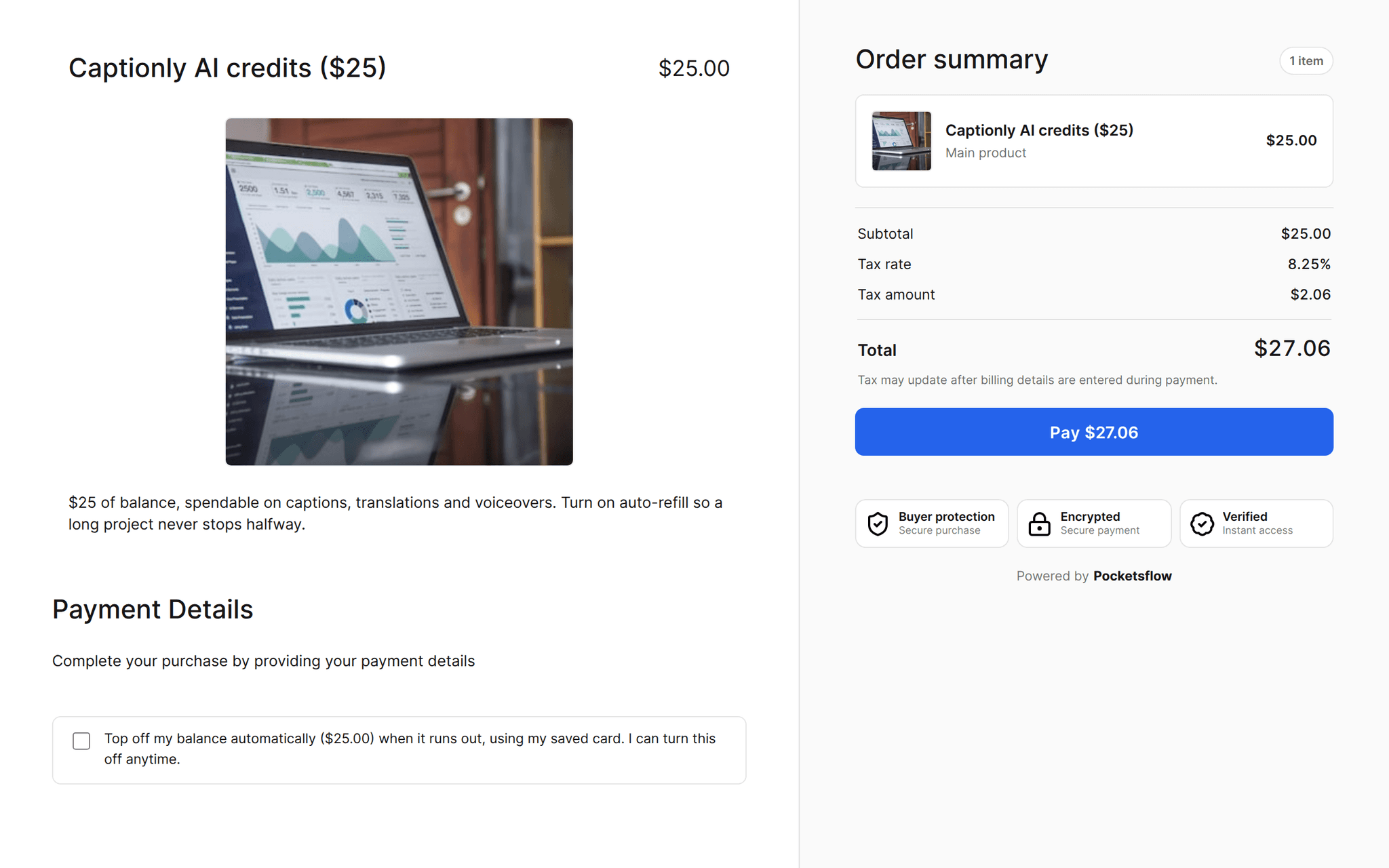 Checkout for Captionly AI credits ($25) with a checkbox to top off the balance automatically ($25.00) with the saved card, and an order summary with tax, total $27.06 and a Pay button