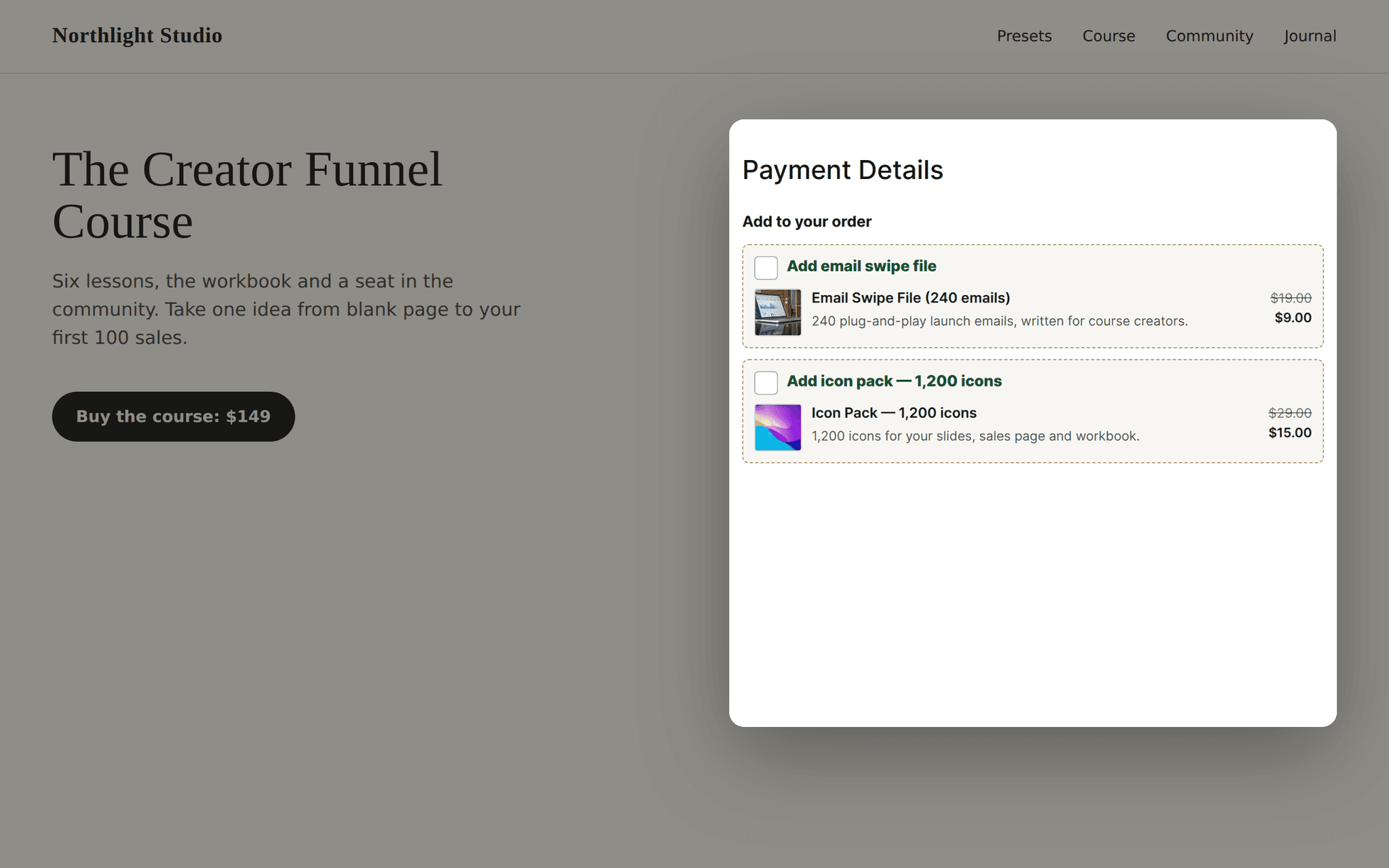 A fictional creator website (Northlight Studio) with the Pocketsflow checkout opened over the page from its Buy button: Payment Details with two order bumps; the card form below loads from the payments partner and is blank in this capture