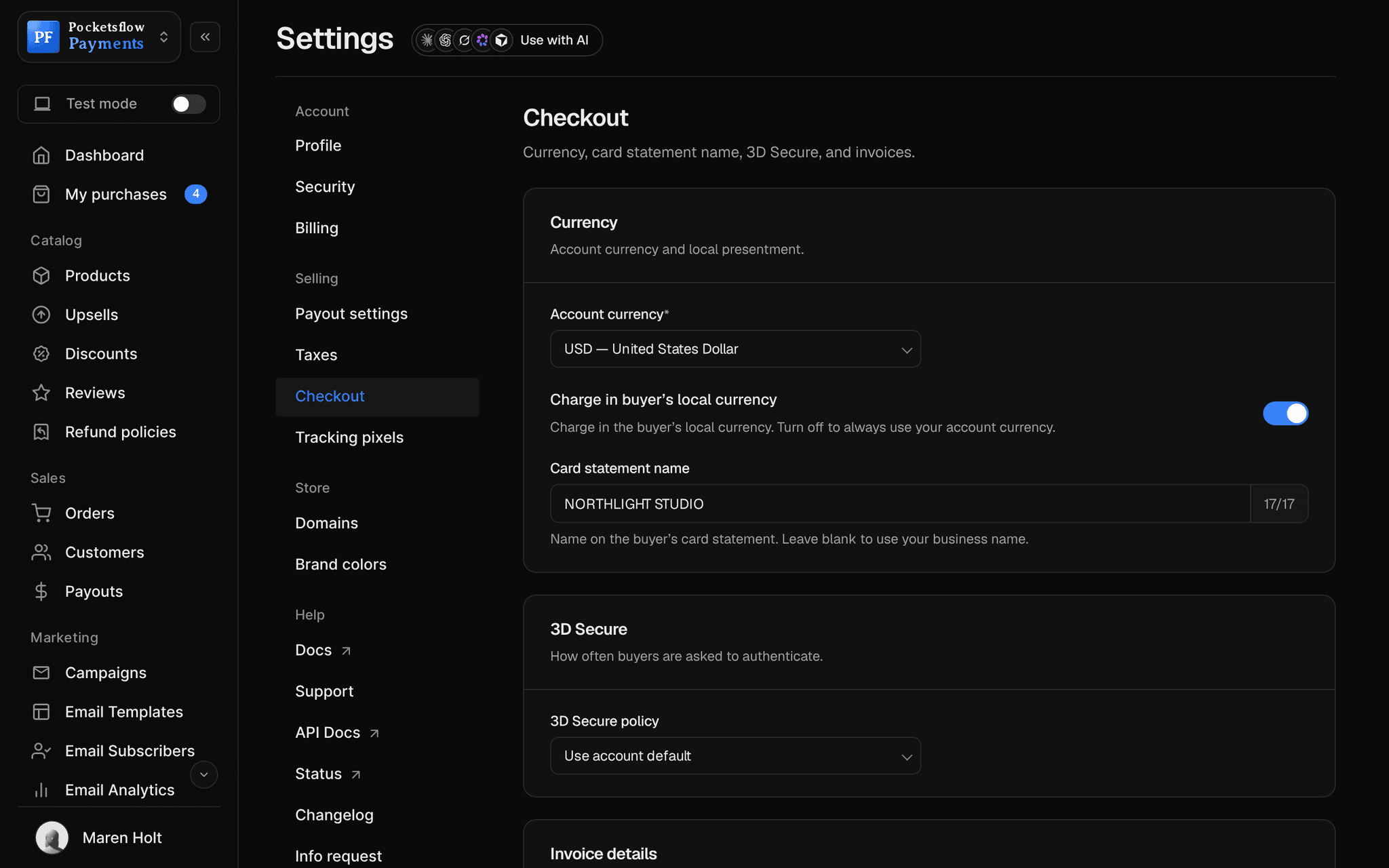 Settings, Checkout: account currency USD, charge in the buyer's local currency switched on, card statement name NORTHLIGHT STUDIO, and the 3D Secure policy