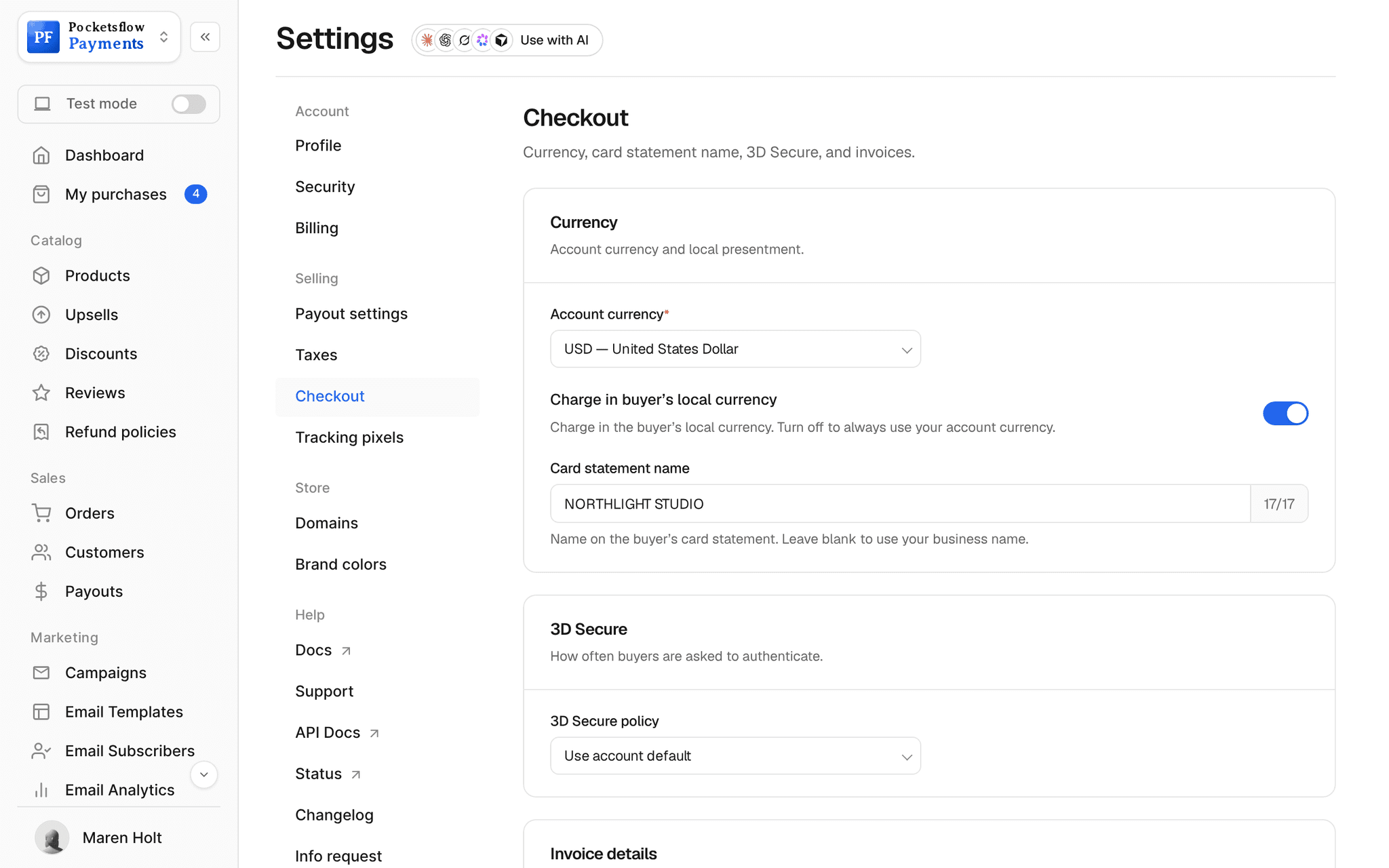 Settings, Checkout: account currency USD, charge in the buyer's local currency switched on, card statement name NORTHLIGHT STUDIO, and the 3D Secure policy