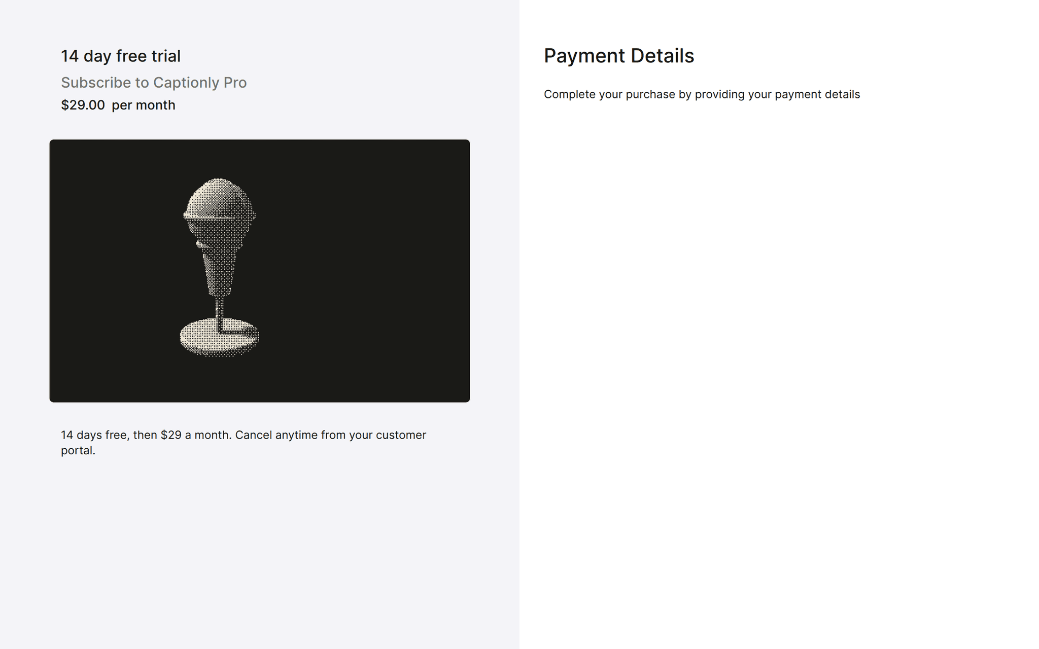 Subscription checkout for Captionly Pro: 14 day free trial, then $29.00 per month, with the plan image and terms beside the payment details