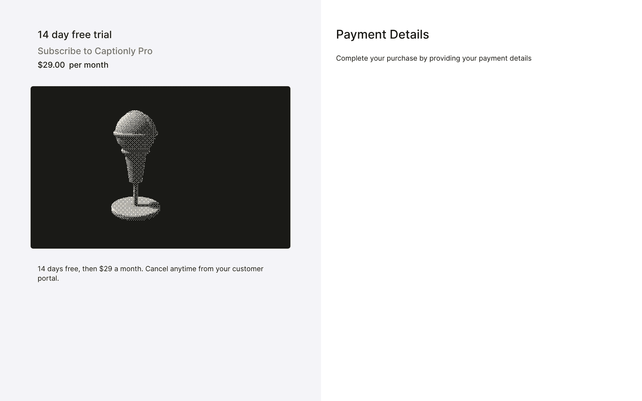 Subscription checkout for Captionly Pro: 14 day free trial, then $29.00 per month, with the plan image and terms beside the payment details