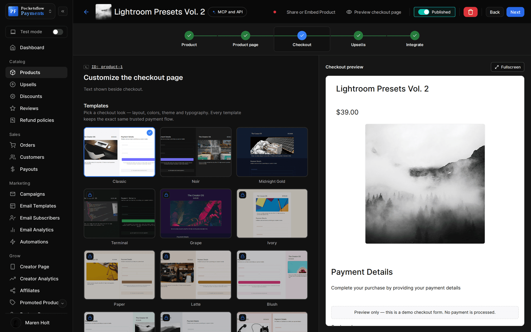 Checkout step of the product editor with a grid of checkout templates (Classic, Noir, Midnight Gold, Terminal, Grape, Ivory, Paper, Latte, Blush) and a live checkout preview for Lightroom Presets Vol. 2 at $39.00