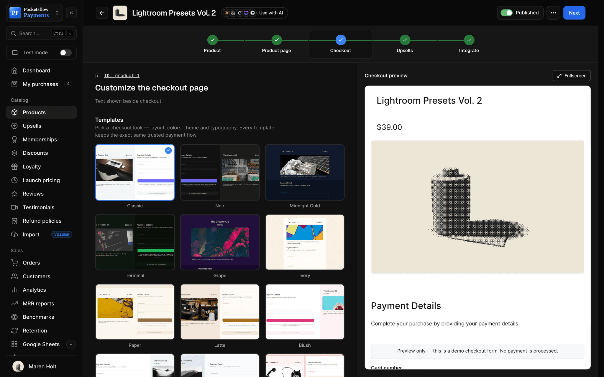 Checkout step of the product editor with a grid of checkout templates (Classic, Noir, Midnight Gold, Terminal, Grape, Ivory, Paper, Latte, Blush) and a live checkout preview for Lightroom Presets Vol. 2 at $39.00