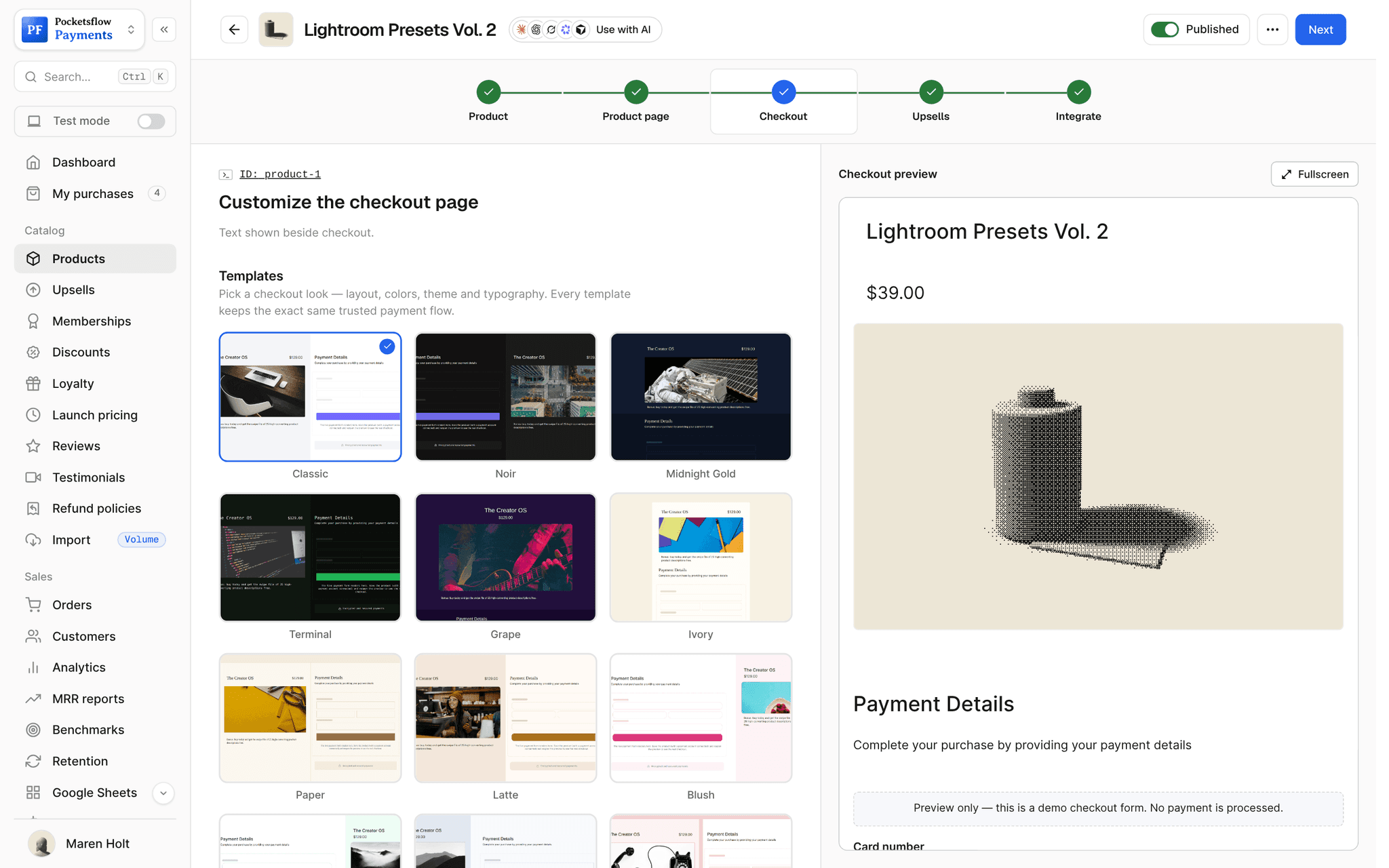 Checkout step of the product editor with a grid of checkout templates (Classic, Noir, Midnight Gold, Terminal, Grape, Ivory, Paper, Latte, Blush) and a live checkout preview for Lightroom Presets Vol. 2 at $39.00