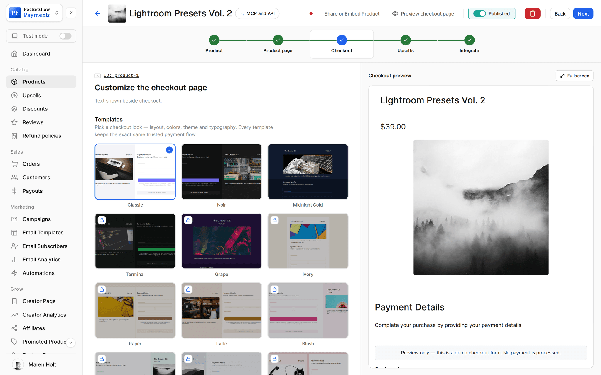 Checkout step of the product editor with a grid of checkout templates (Classic, Noir, Midnight Gold, Terminal, Grape, Ivory, Paper, Latte, Blush) and a live checkout preview for Lightroom Presets Vol. 2 at $39.00