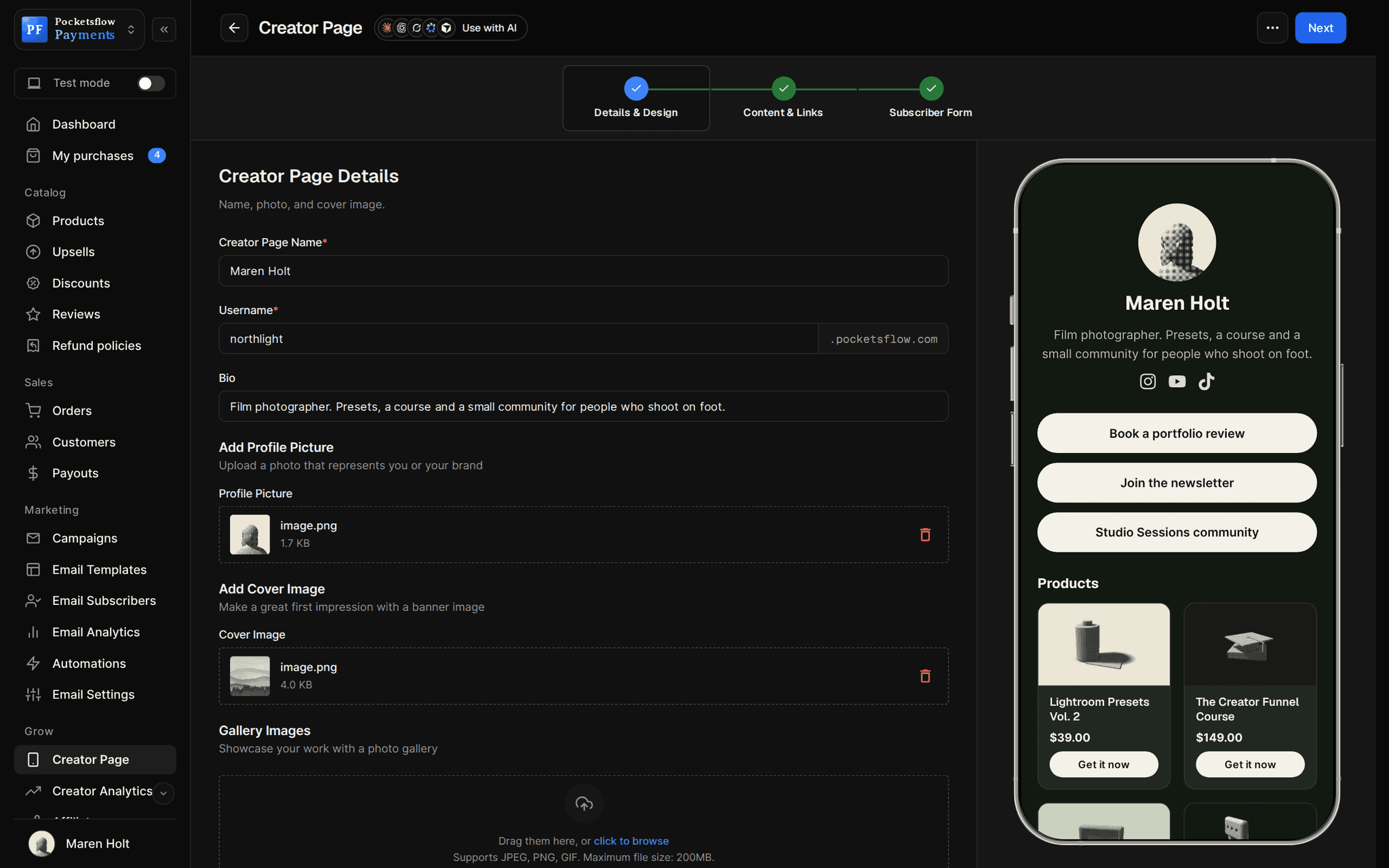 Creator page editor for Maren Holt: name, username northlight.pocketsflow.com, bio, profile picture and cover uploads, beside a phone preview with link buttons and product cards