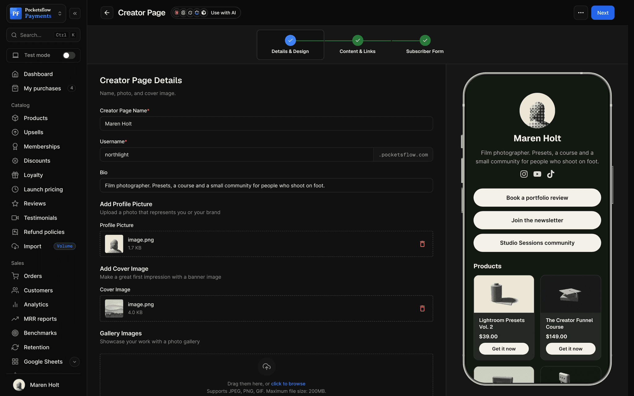 Creator page editor for Maren Holt: name, username northlight.pocketsflow.com, bio, profile picture and cover uploads, beside a phone preview with link buttons and product cards