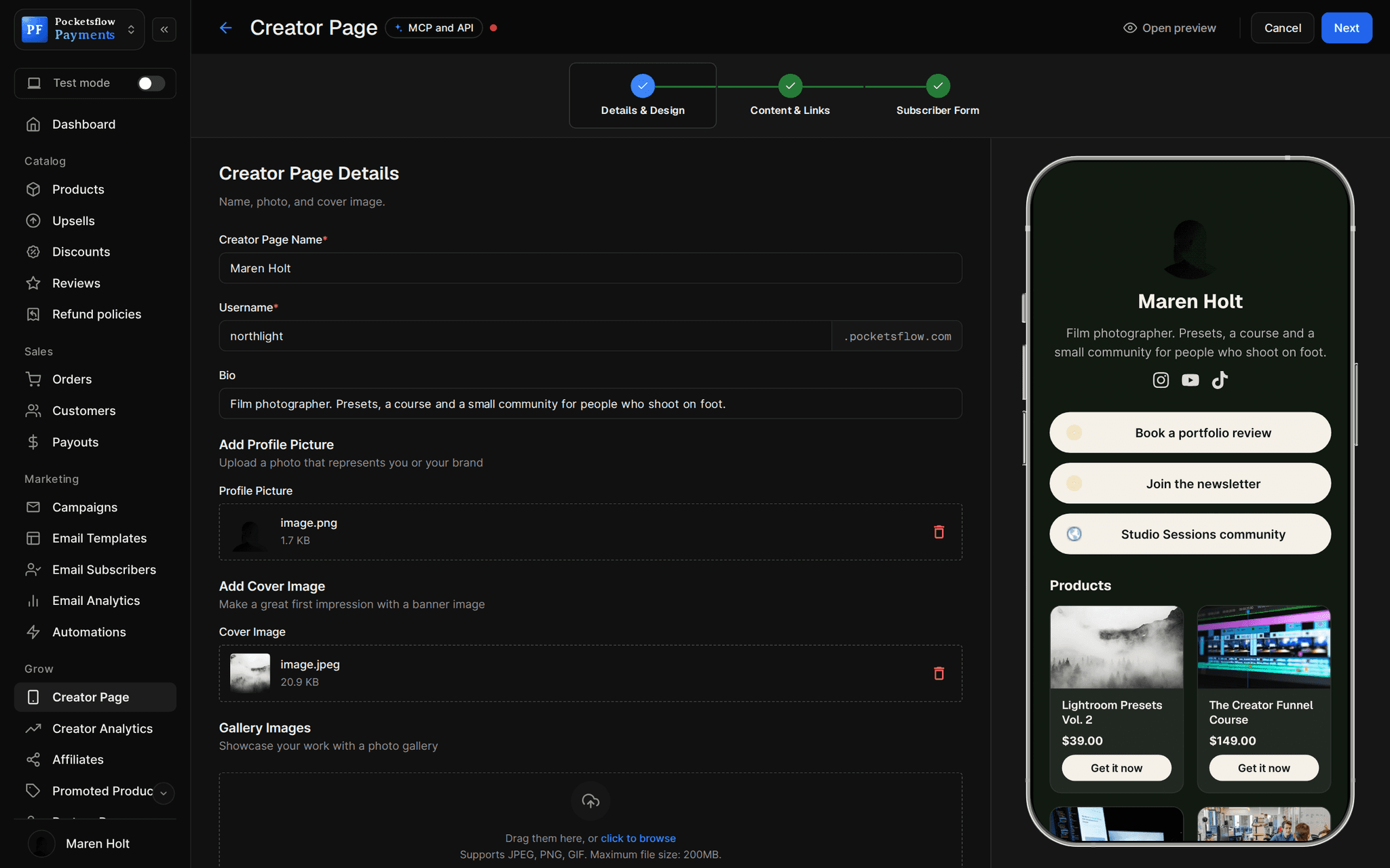 Creator page editor for Maren Holt: name, username northlight.pocketsflow.com, bio, profile picture and cover uploads, beside a phone preview with link buttons and product cards