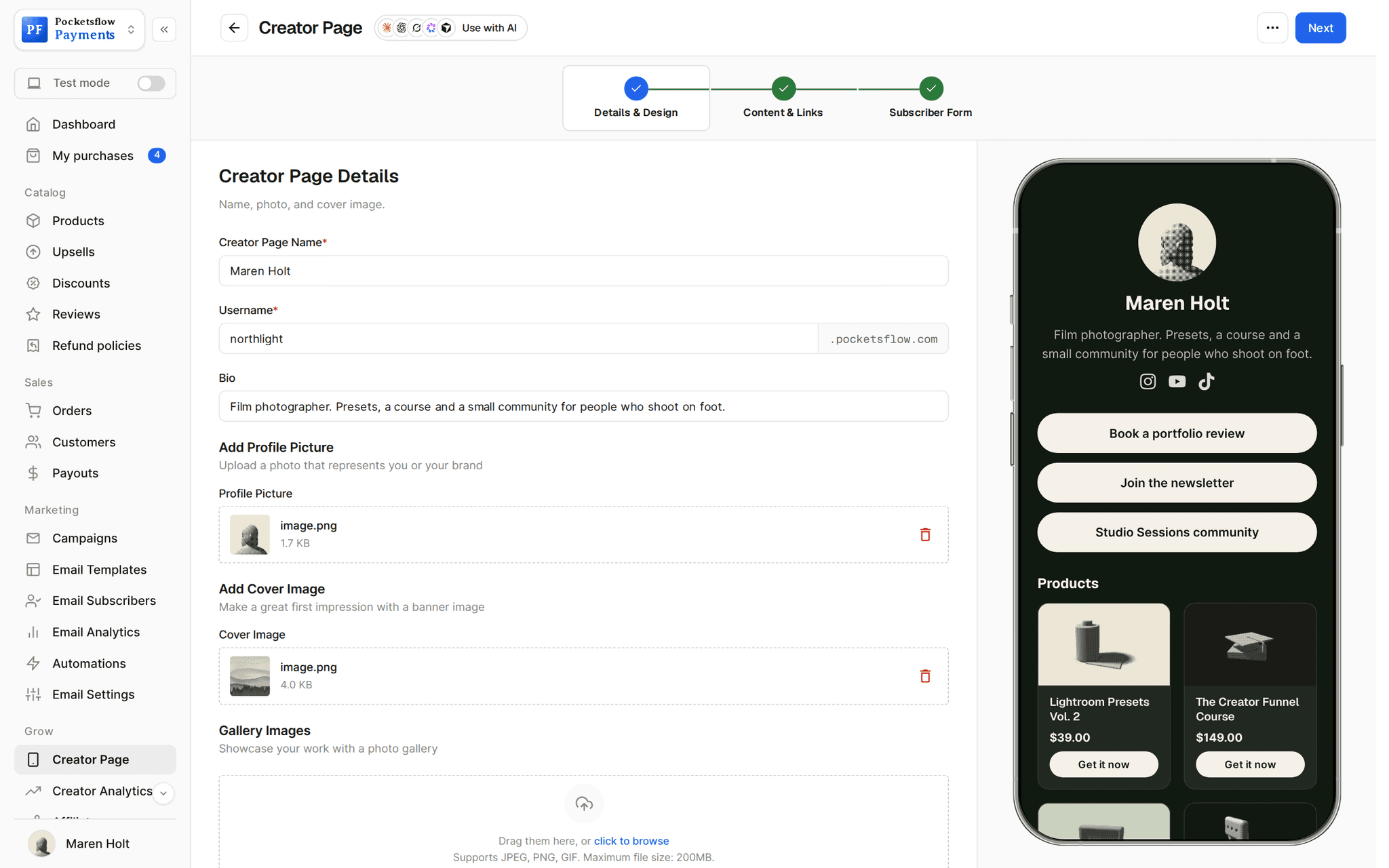 Creator page editor for Maren Holt: name, username northlight.pocketsflow.com, bio, profile picture and cover uploads, beside a phone preview with link buttons and product cards