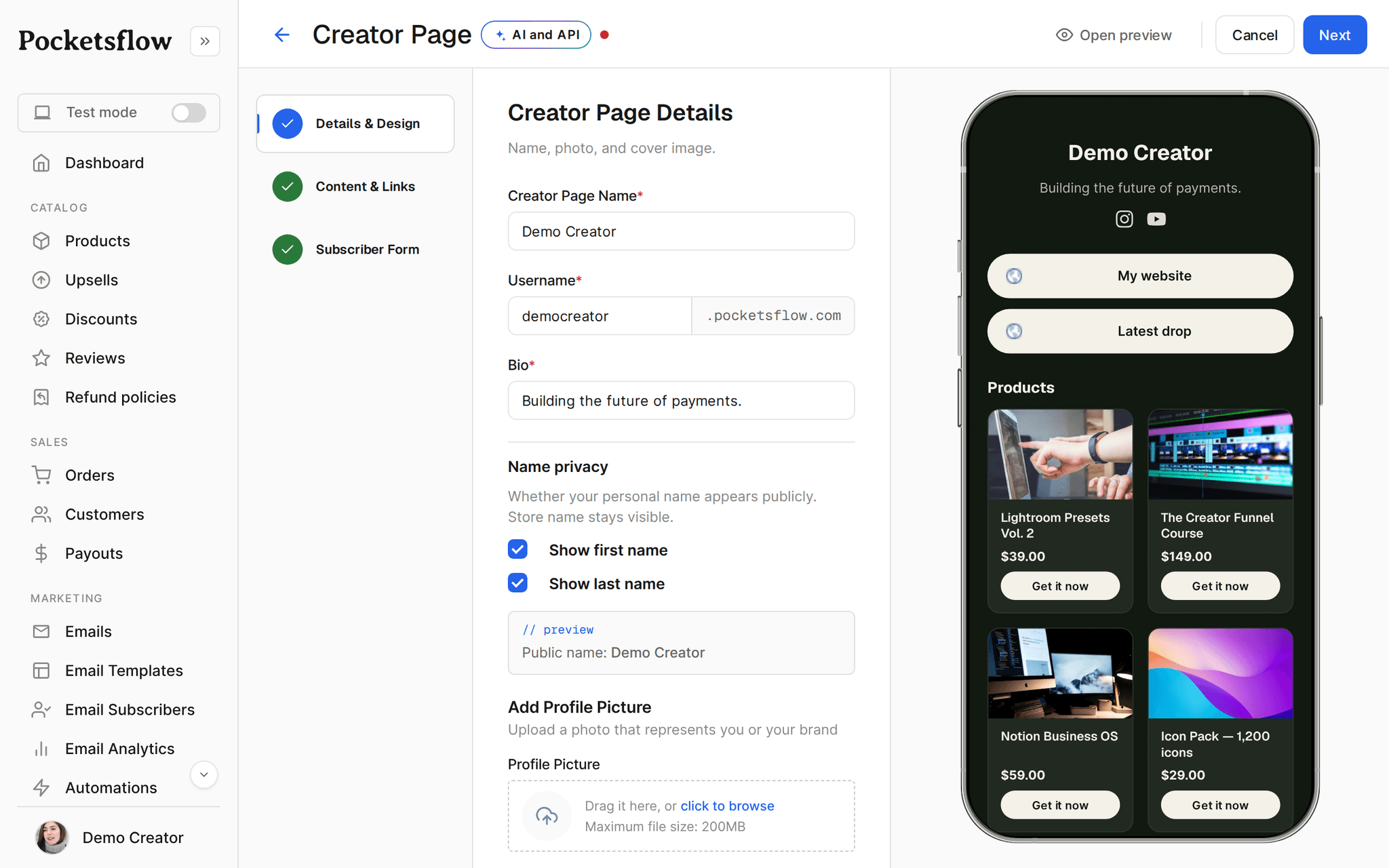 Pocketsflow creator page editor with links and products