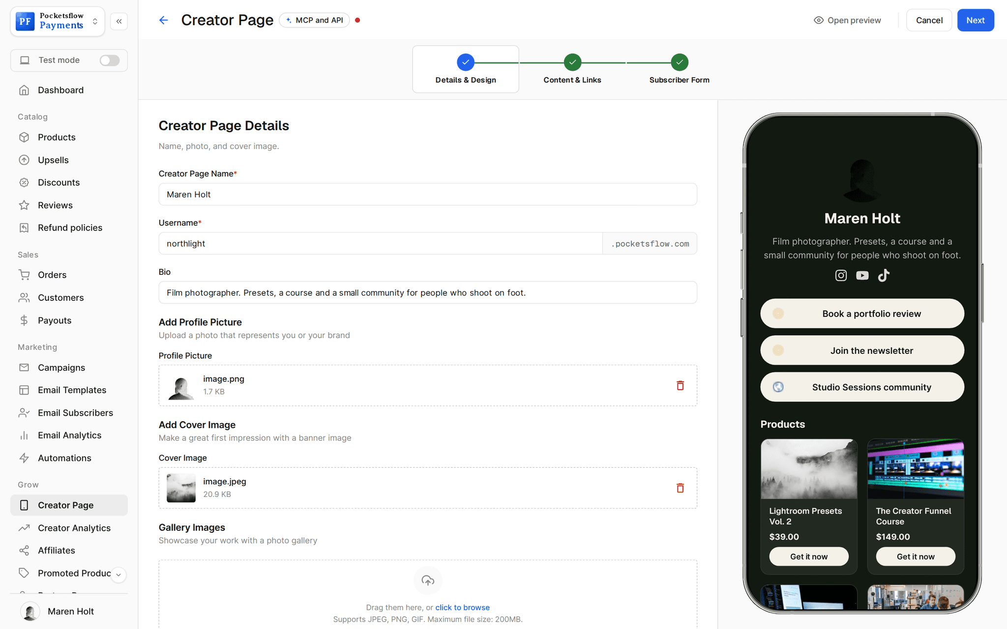 Creator page editor for Maren Holt: name, username northlight.pocketsflow.com, bio, profile picture and cover uploads, beside a phone preview with link buttons and product cards