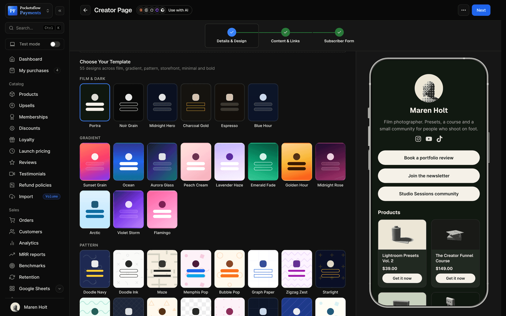 Creator page template picker with film and dark (Portra, Noir Grain, Midnight Hero, Charcoal Gold, Espresso, Blue Hour), gradient and pattern templates, beside the phone preview
