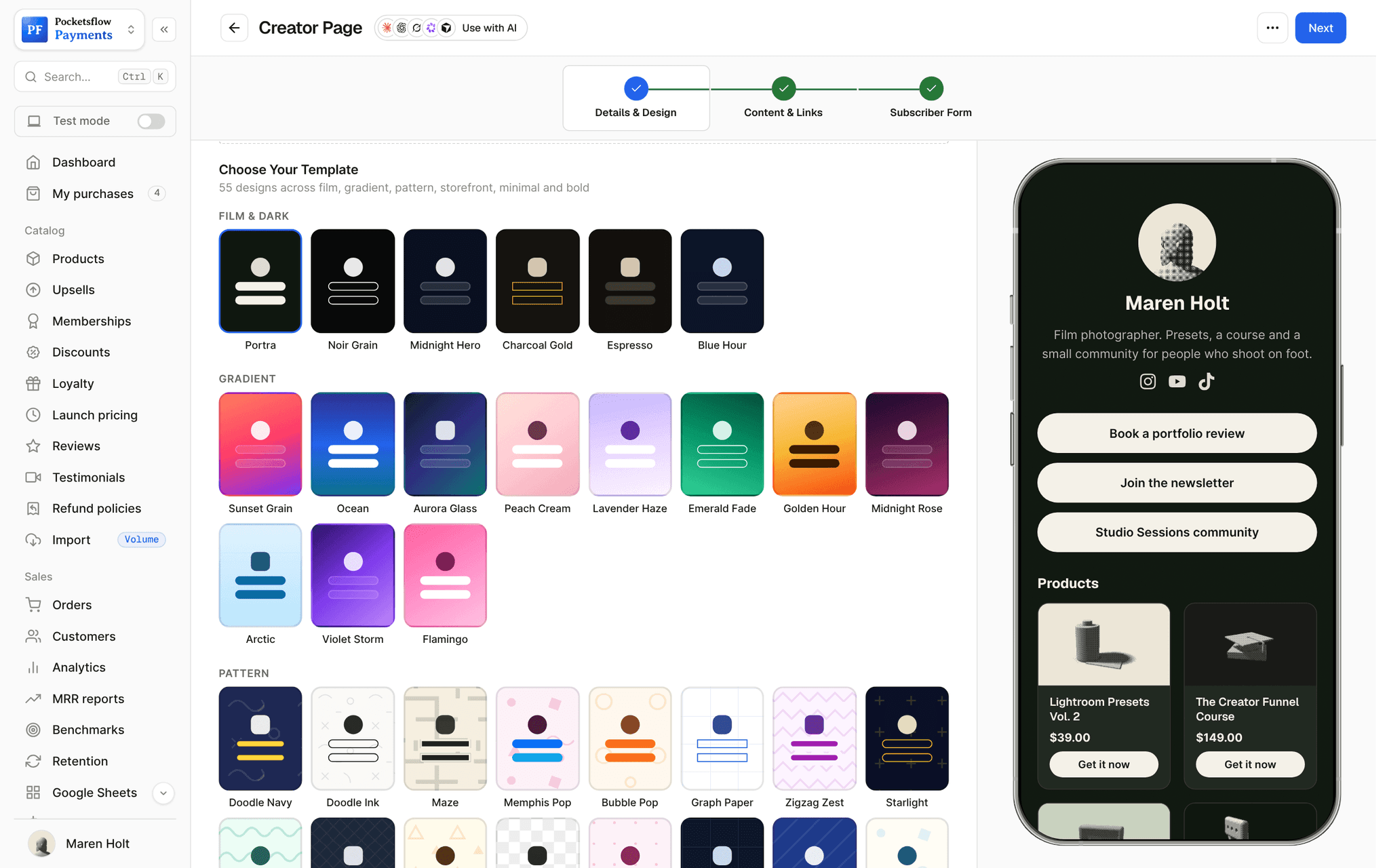 Creator page template picker with film and dark (Portra, Noir Grain, Midnight Hero, Charcoal Gold, Espresso, Blue Hour), gradient and pattern templates, beside the phone preview