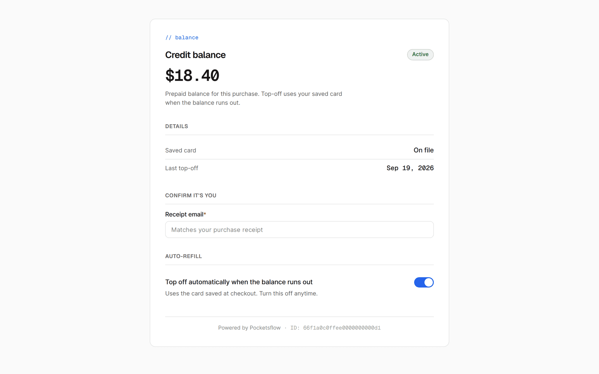 Buyer credit balance page: $18.40 balance, Active, saved card on file, last top-off September 19, receipt email confirmation and the auto-refill switch turned on
