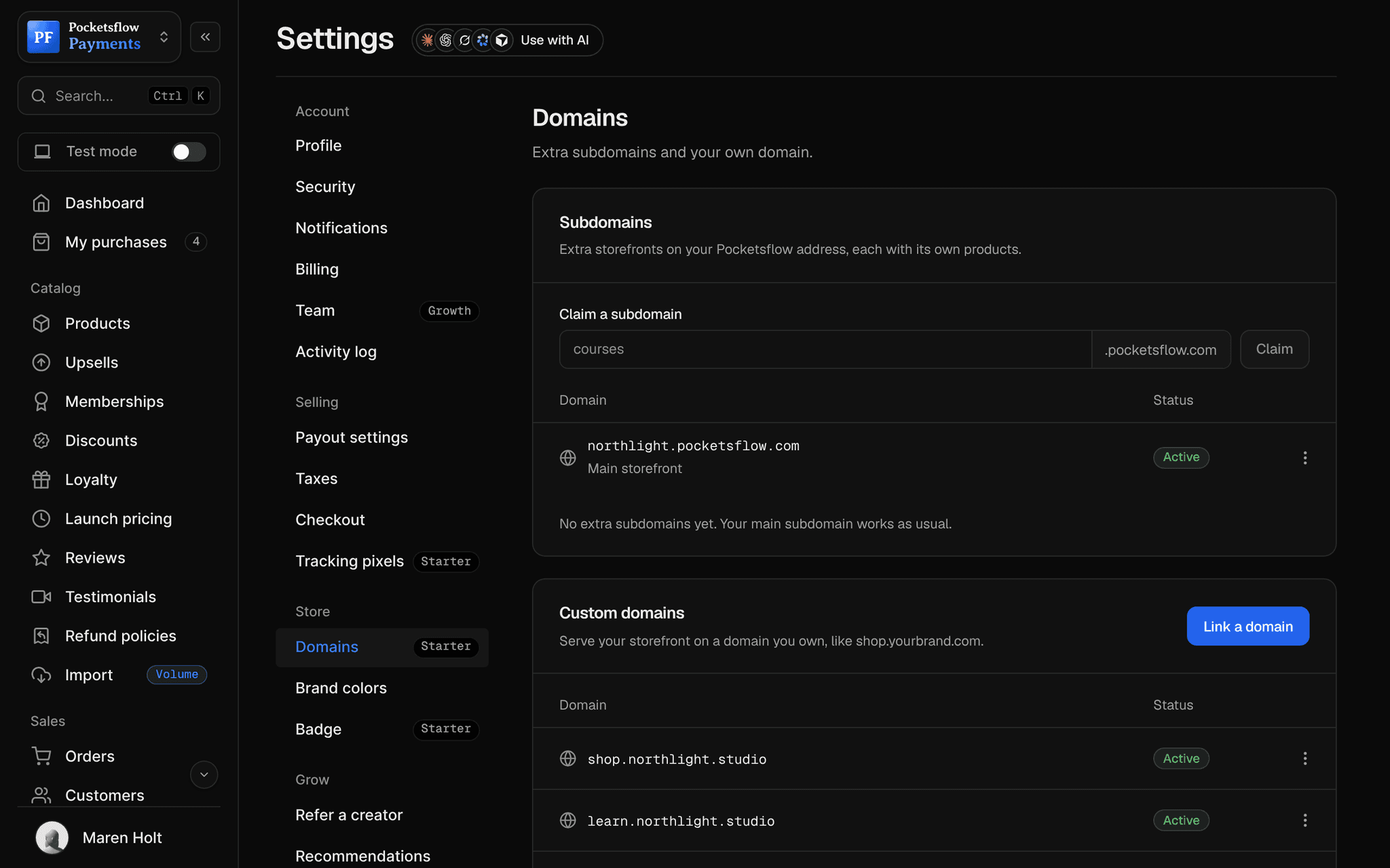 Settings, Domains: claim extra subdomains on pocketsflow.com, the main northlight.pocketsflow.com storefront, and connected domains shop.northlight.studio and learn.northlight.studio marked Active