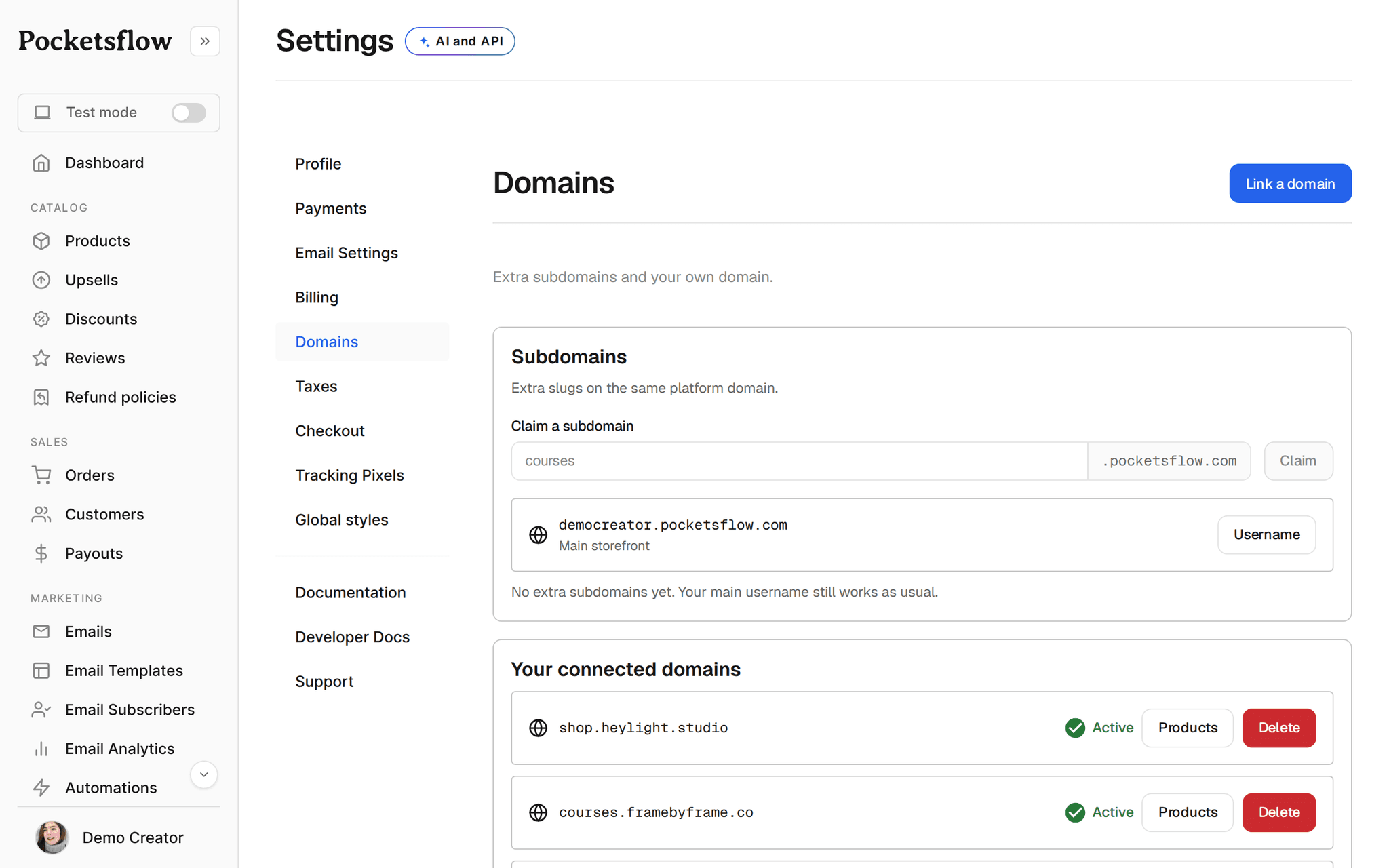 Pocketsflow custom domains settings with verified shop domains