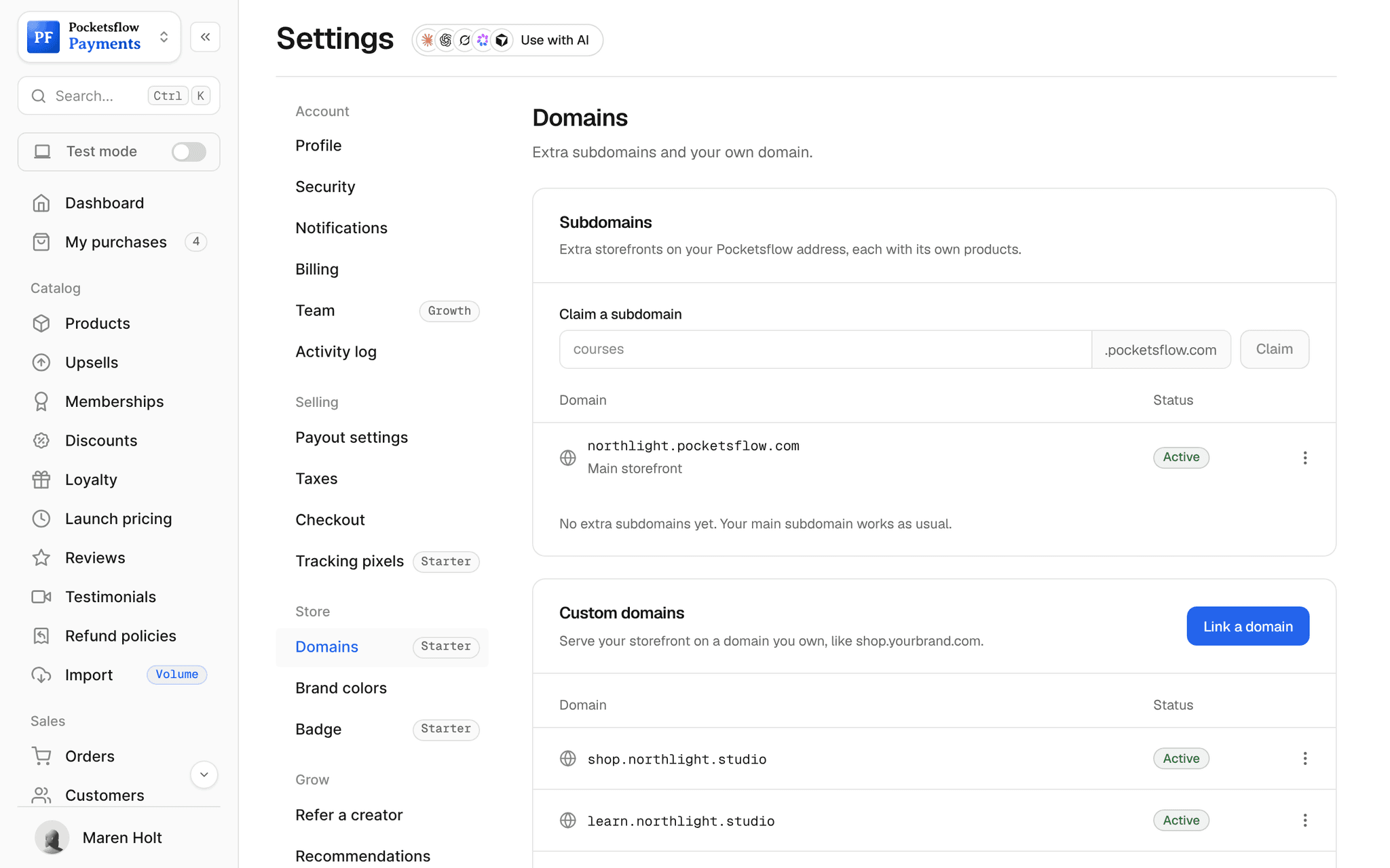 Settings, Domains: claim extra subdomains on pocketsflow.com, the main northlight.pocketsflow.com storefront, and connected domains shop.northlight.studio and learn.northlight.studio marked Active