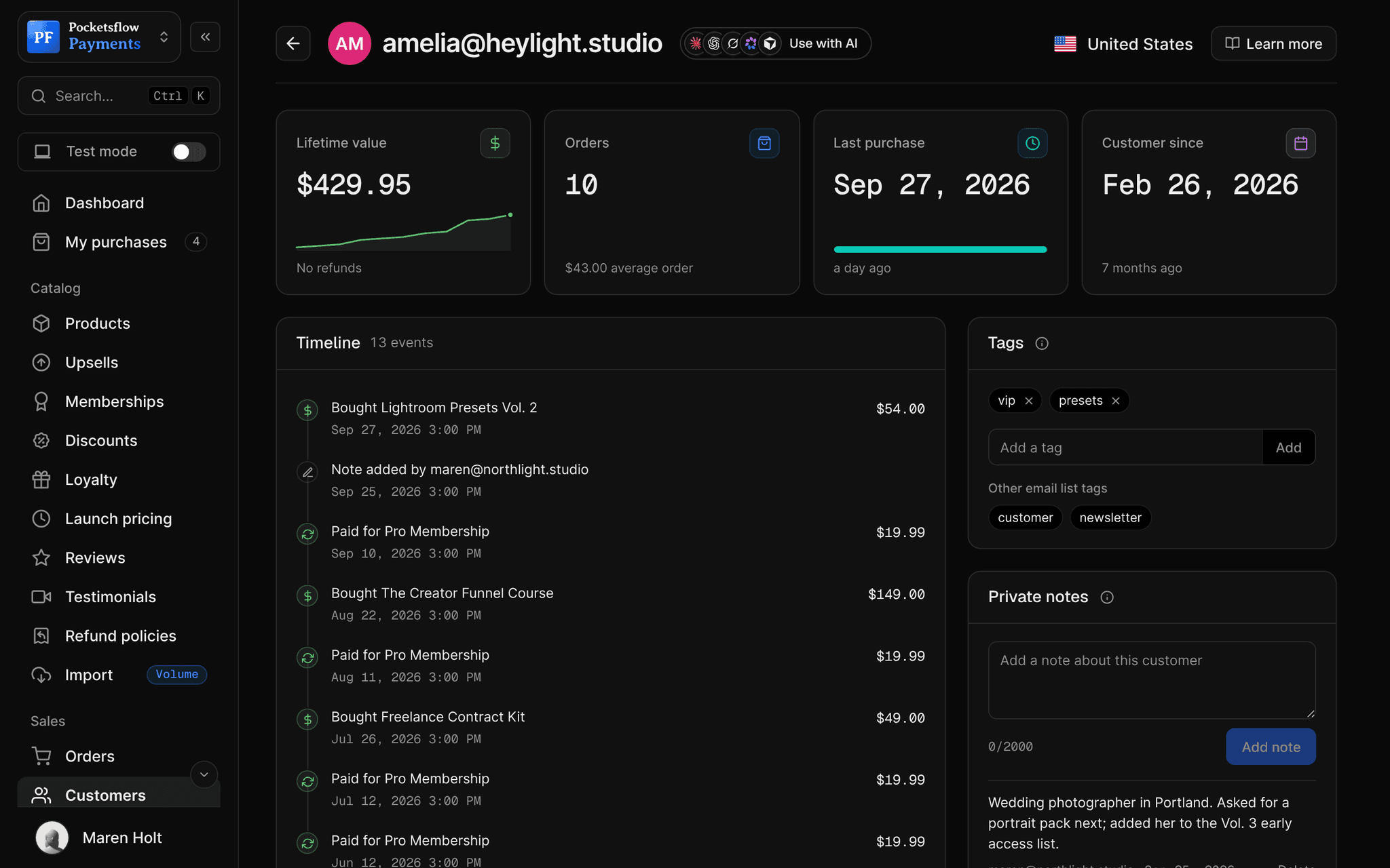 Customer page for amelia@heylight.studio in the United States: $429.95 lifetime value, 10 orders, last purchase Sep 27, 2026, customer since Feb 26, 2026, a timeline of her orders, membership payments and notes, her tags (vip, presets) and private notes