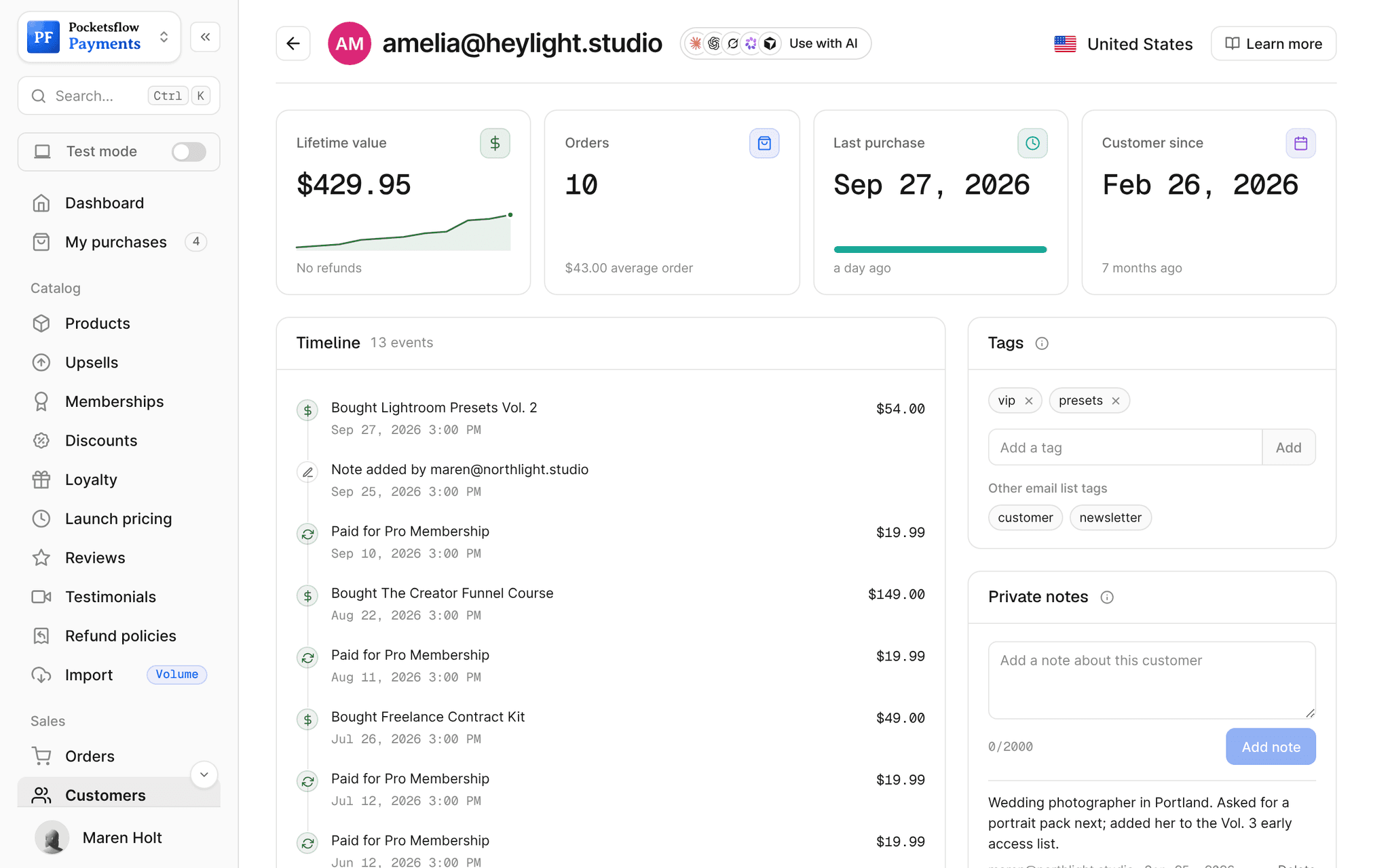 Customer page for amelia@heylight.studio in the United States: $429.95 lifetime value, 10 orders, last purchase Sep 27, 2026, customer since Feb 26, 2026, a timeline of her orders, membership payments and notes, her tags (vip, presets) and private notes