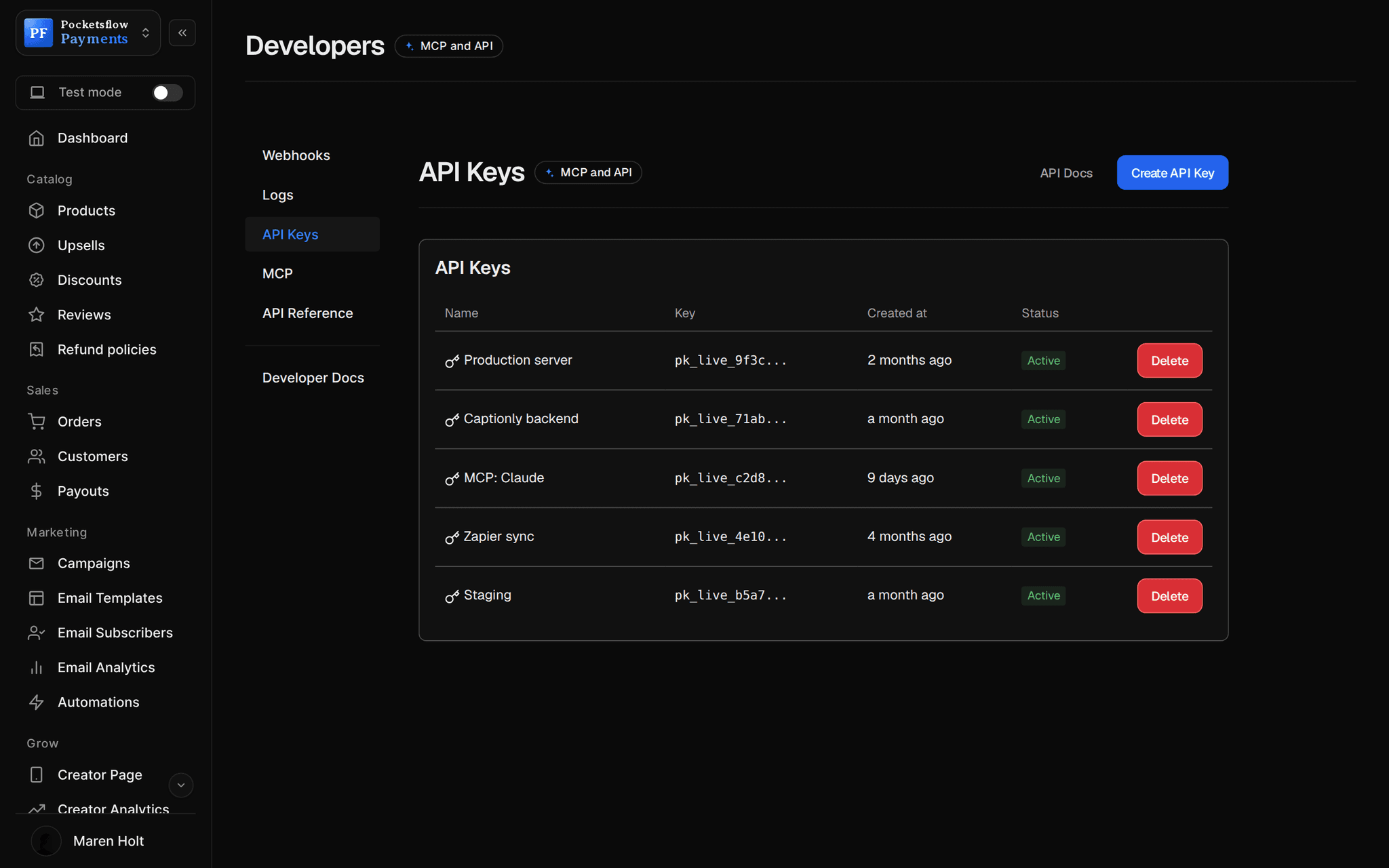 Developers, API Keys: Production server, Captionly backend, MCP: Claude, Zapier sync and Staging keys with masked values, created date and Active status