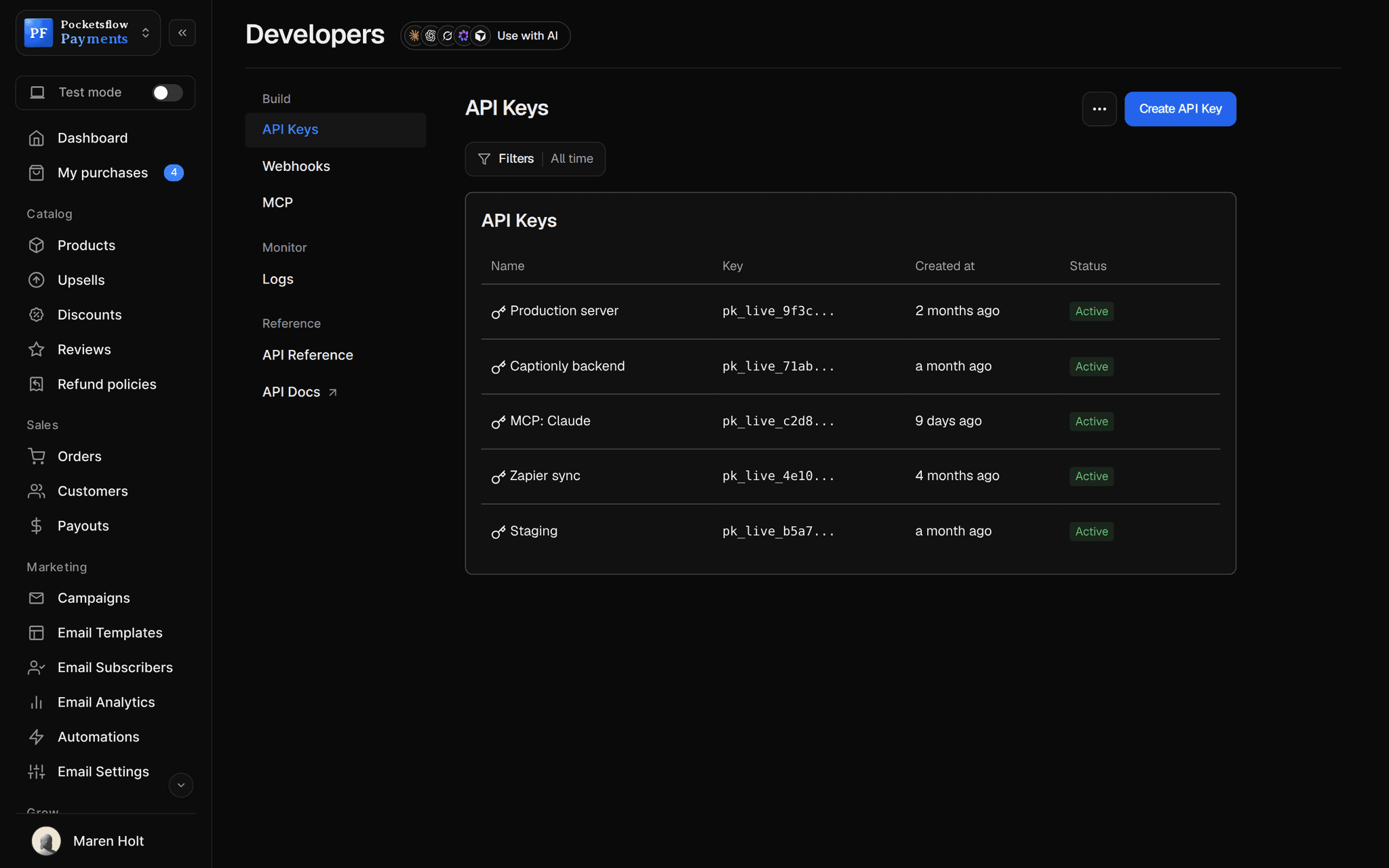 Developers, API Keys: Production server, Captionly backend, MCP: Claude, Zapier sync and Staging keys with masked values, created date and Active status