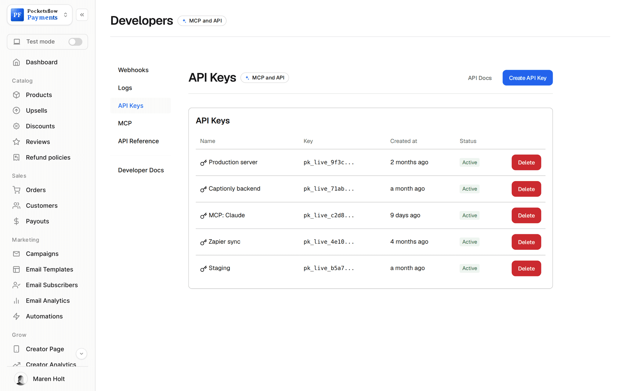 Developers, API Keys: Production server, Captionly backend, MCP: Claude, Zapier sync and Staging keys with masked values, created date and Active status