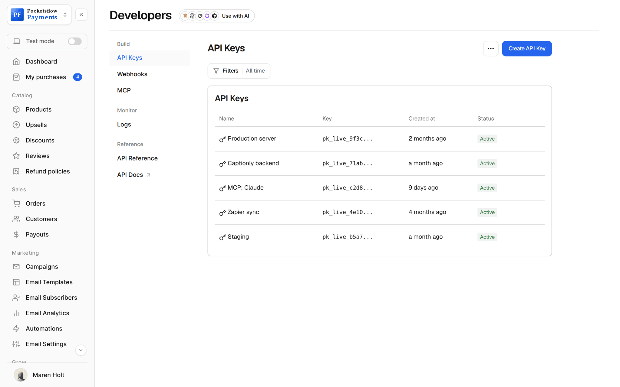 Developers, API Keys: Production server, Captionly backend, MCP: Claude, Zapier sync and Staging keys with masked values, created date and Active status